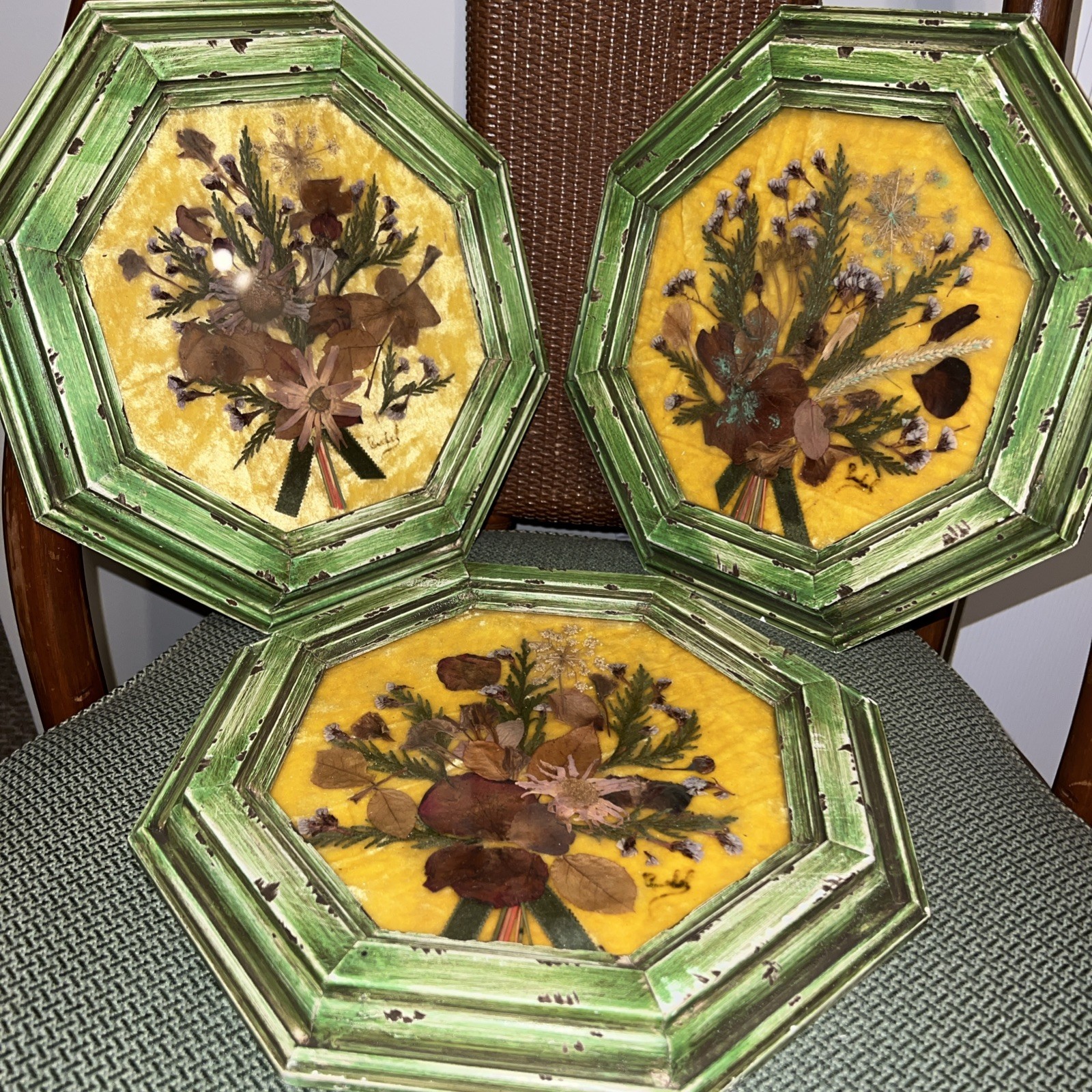 Set of 3 Beautiful Octagon Shaped Vintage Dried Flowers On Velvet Backing