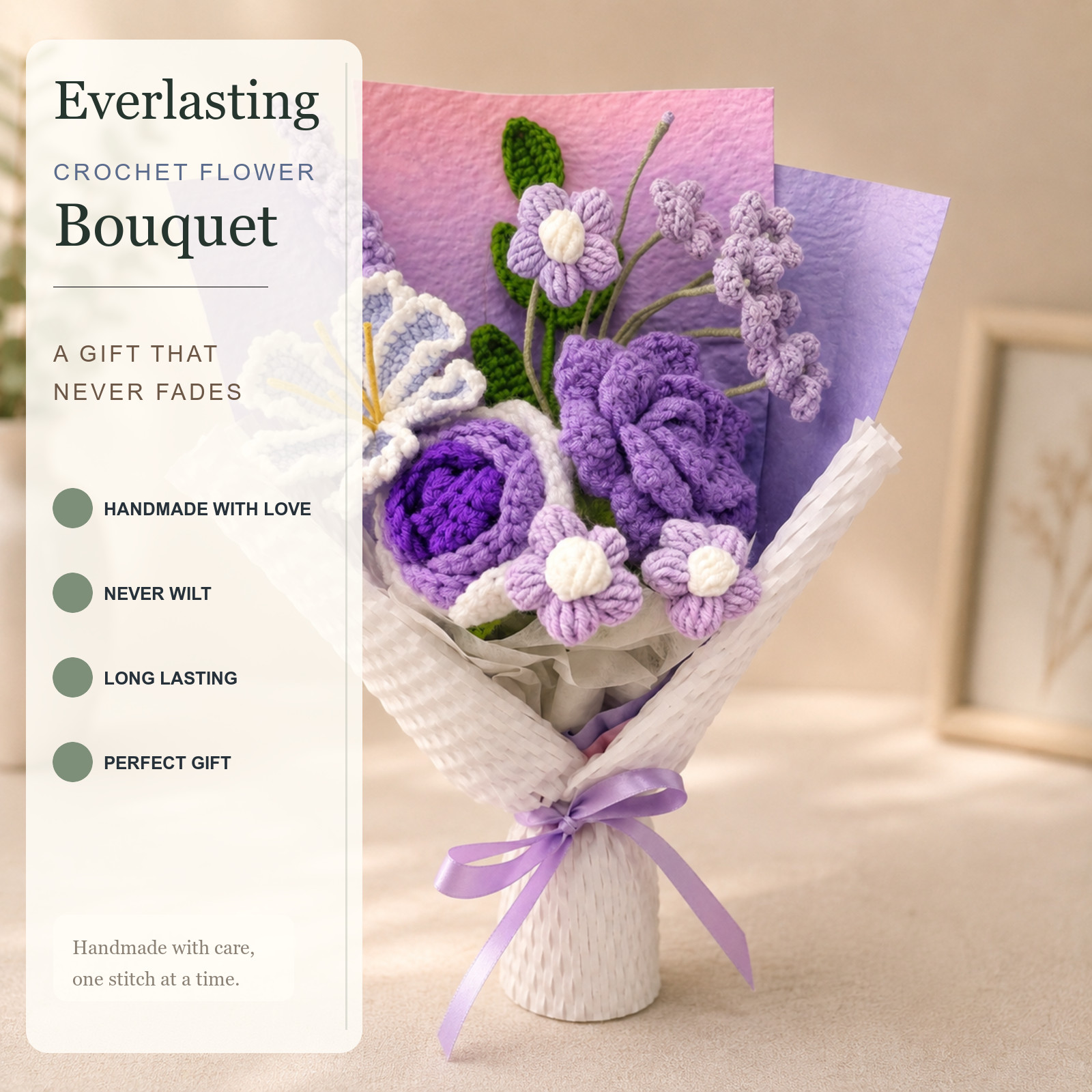 Lavender Purple Rose Lily Crochet Bouquet Birthday Gift for Her
