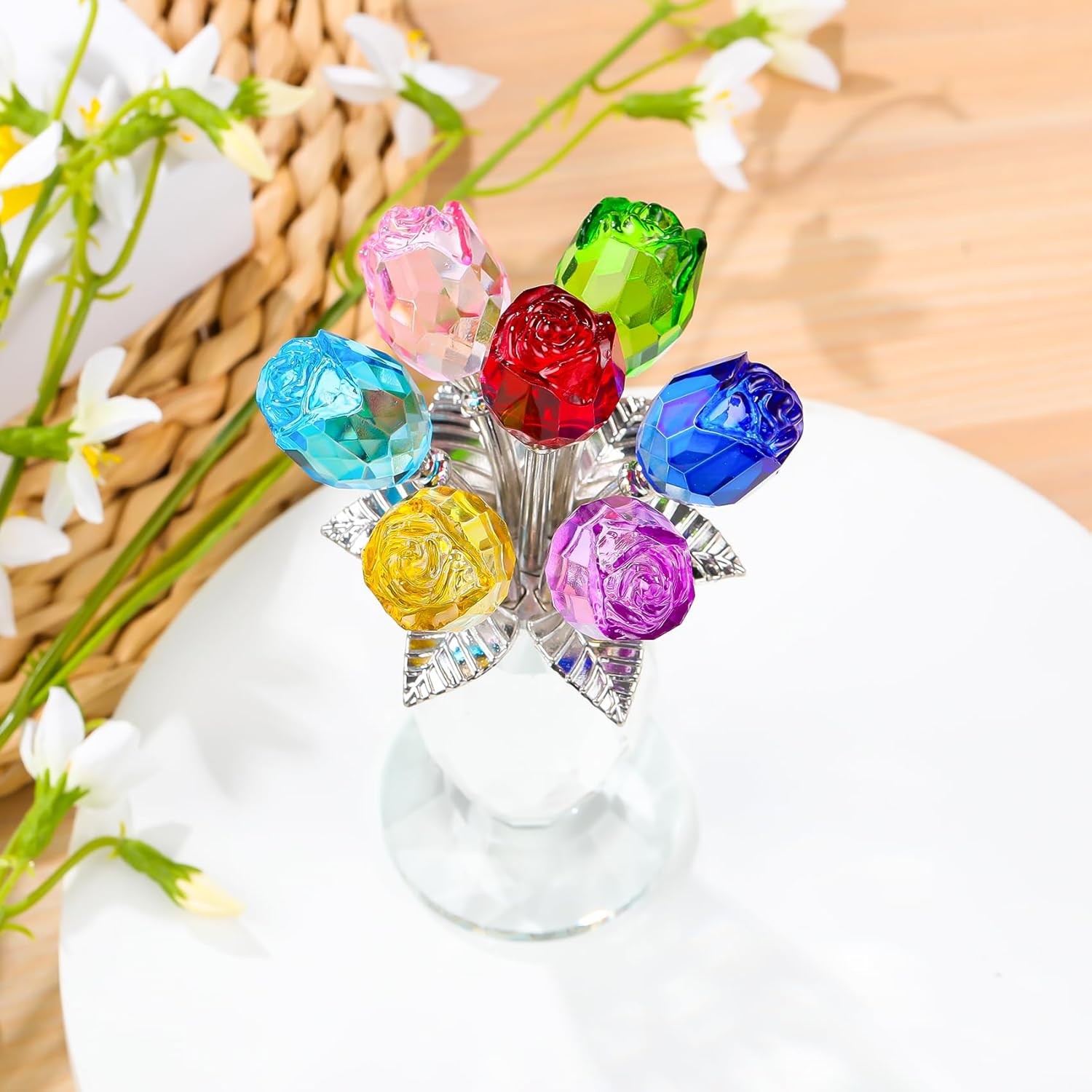 Crystal Colorful Rose Flower Bouquet Figurine with Vase, Handmade Romantic Glass