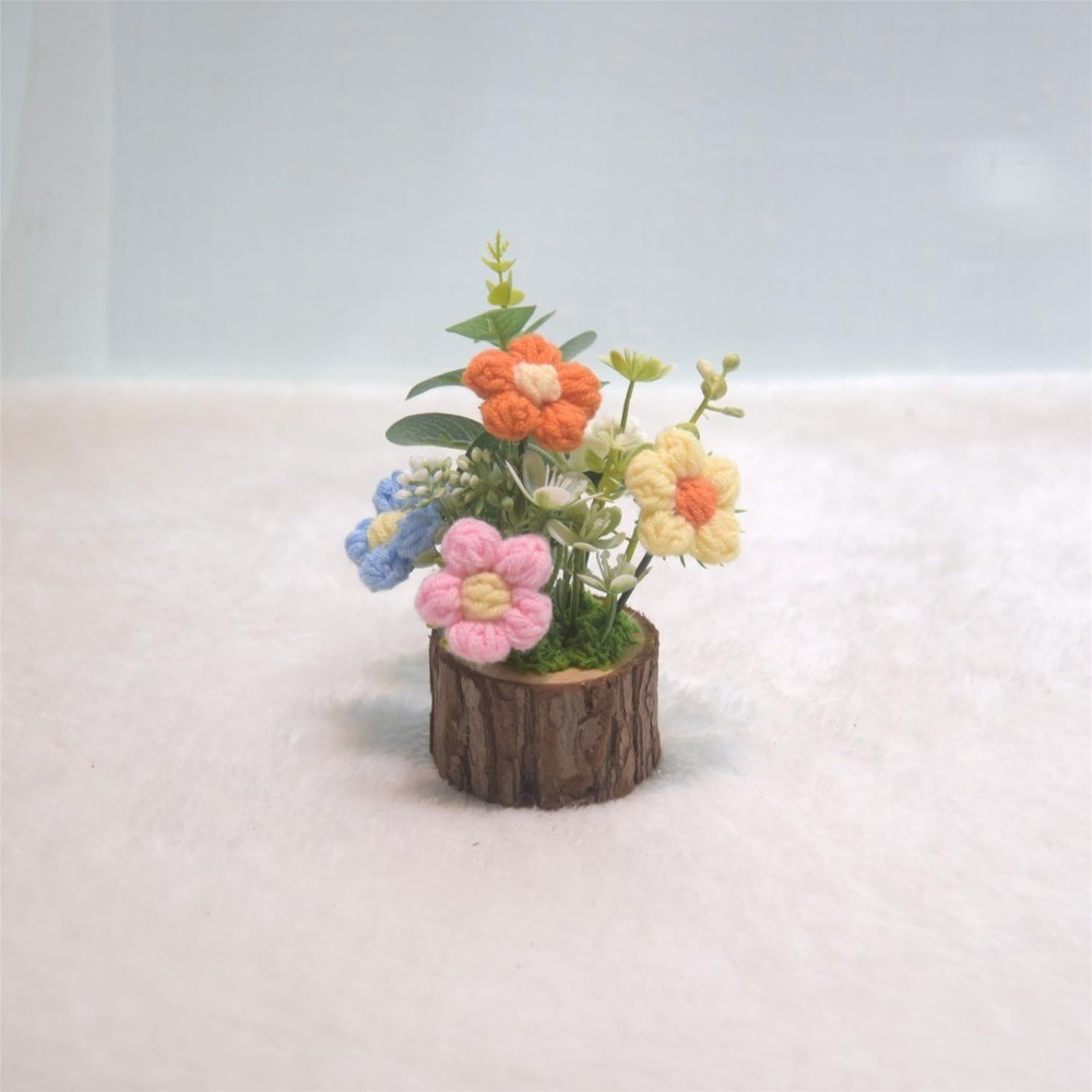 Handmade Crochet Knitted Puff Flowers Bouquet in Pot Mini Cute Home Desktop