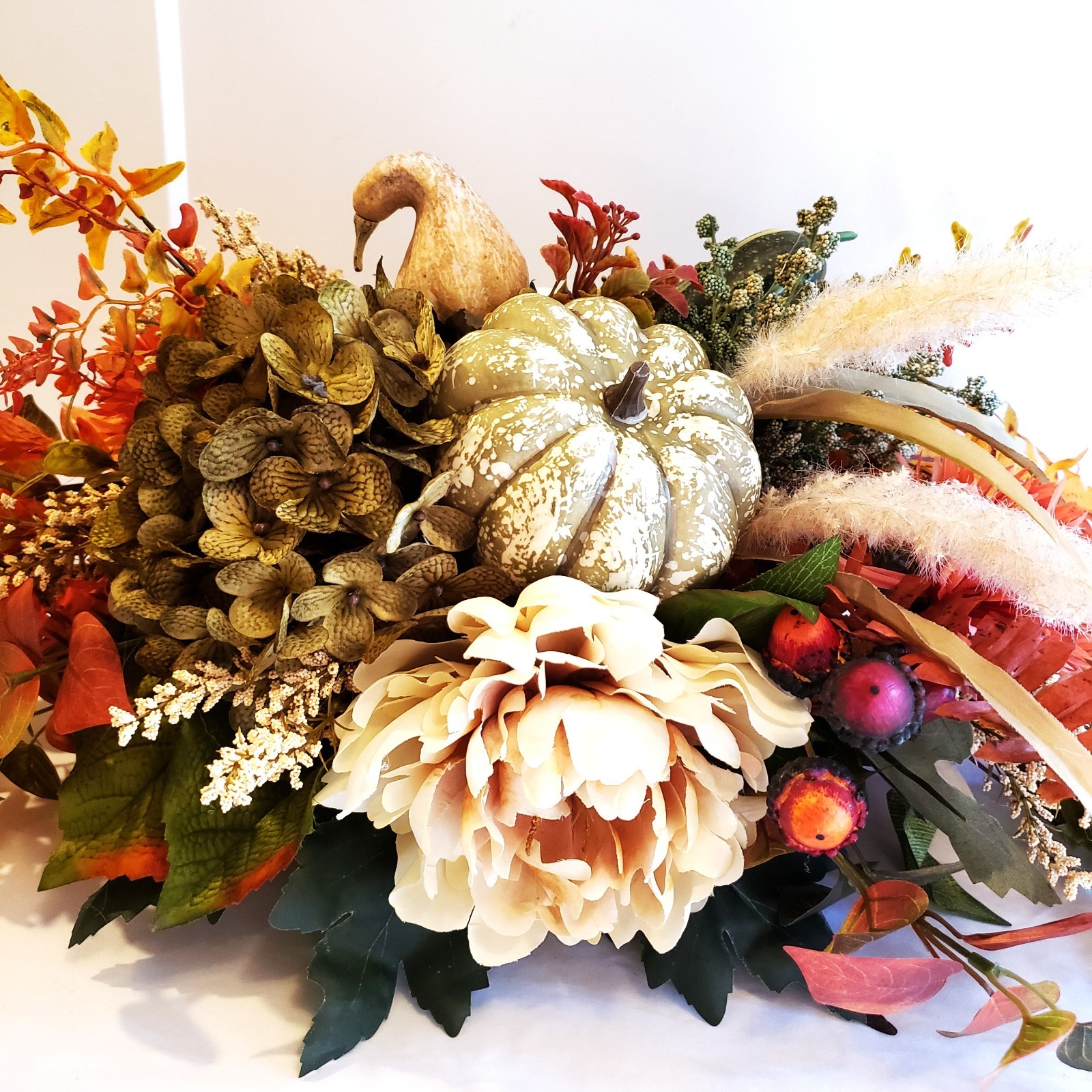 Fall Hydrangea Pumpkin Centerpiece, Rustic Autumn Table Arrangement, Neutral