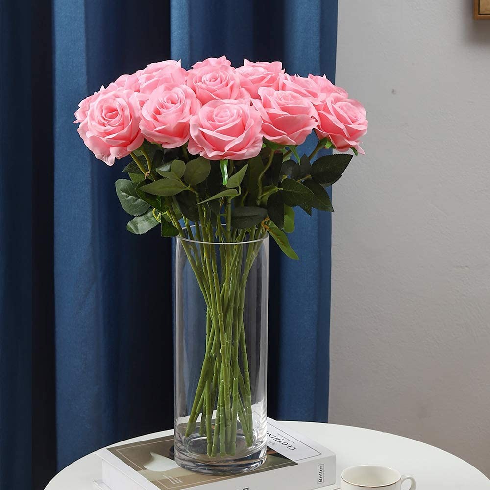 Laelfe 12 PCS Artificial Flowers Pink Roses Fake Silk Flowers Long Stem Artif…
