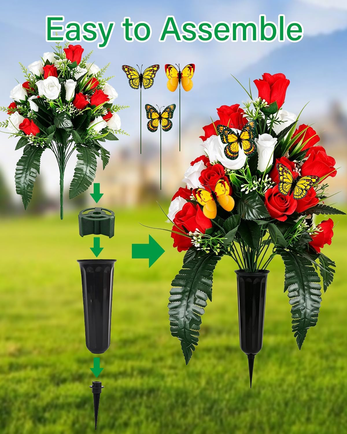 2PCS Artificial Cemetery Flowers for Grave with Vase, Blue, Red & White Rose Mem