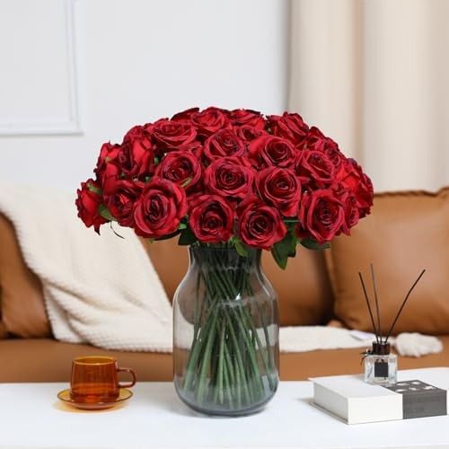 Red Roses Artificial Flowers – 12 pcs Realistic Long Stem Fake Roses Burgundy