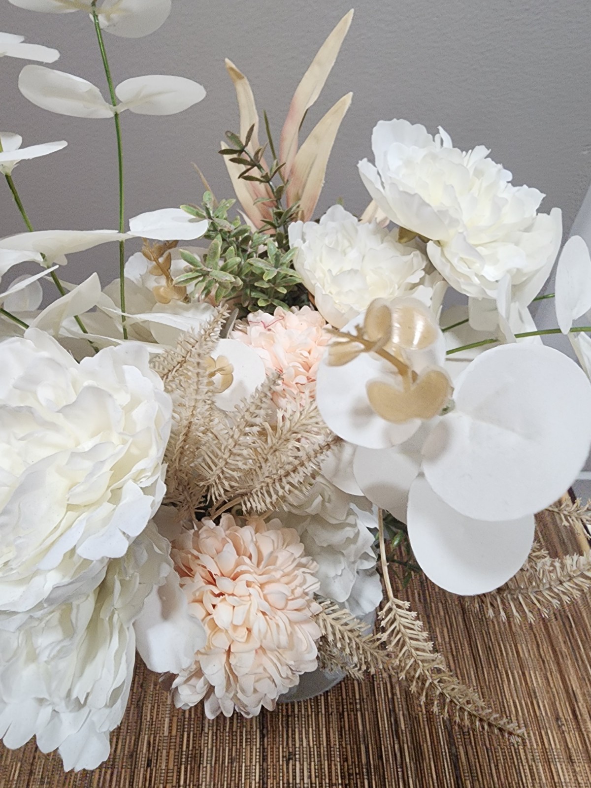 Gorgeoue Handmade Flower Arrangement in Ceramic Vase Pitcher Peach And White