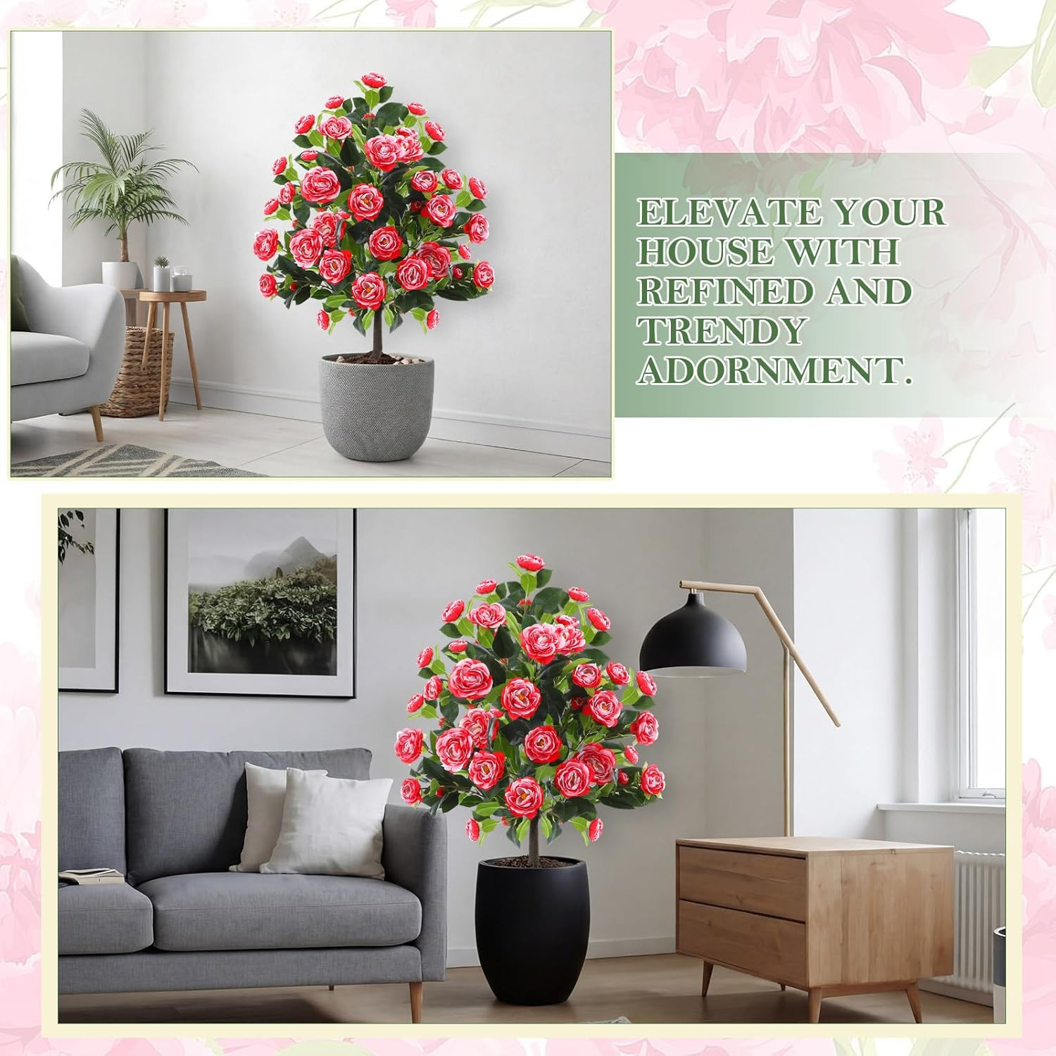 2 Pack 4Ft UV Resistant Faux Camellia Plants for Outdoor Decor, Red & White