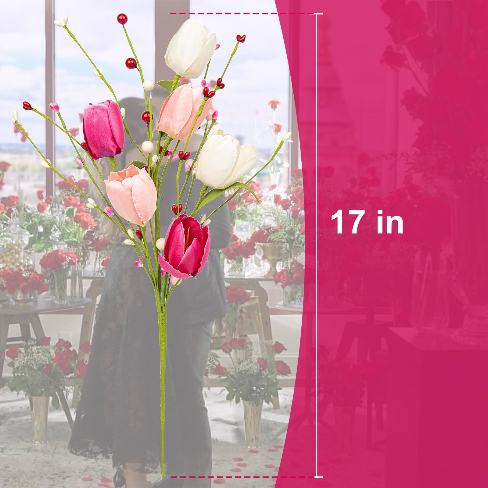 6 Pack 17 Inch Valentines Day Flower Picks Tulip Berry Party Centerpiece Decor
