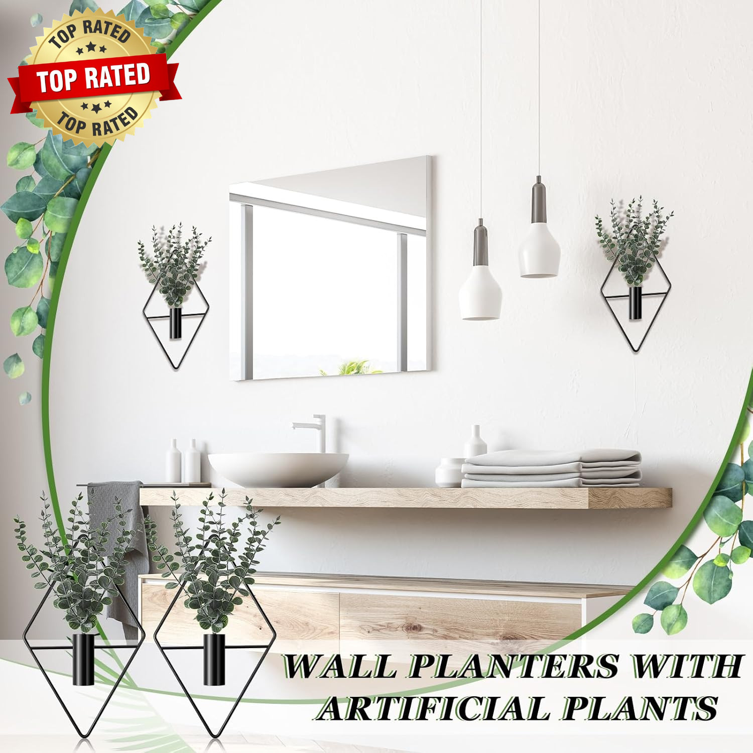 4 Pcs Hanging Planters with Artificial Eucalyptus Metal Hanging Vase Indoor Plan