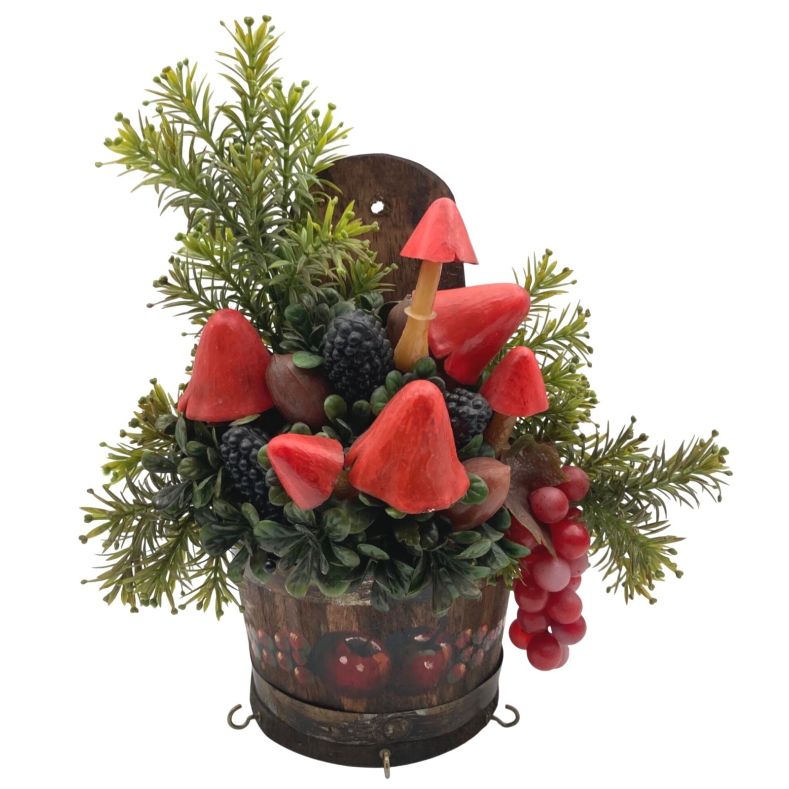 Vintage KIM ORIGINALS Faux Floral Arrangement Wall Decor Mushrooms Wood Basket