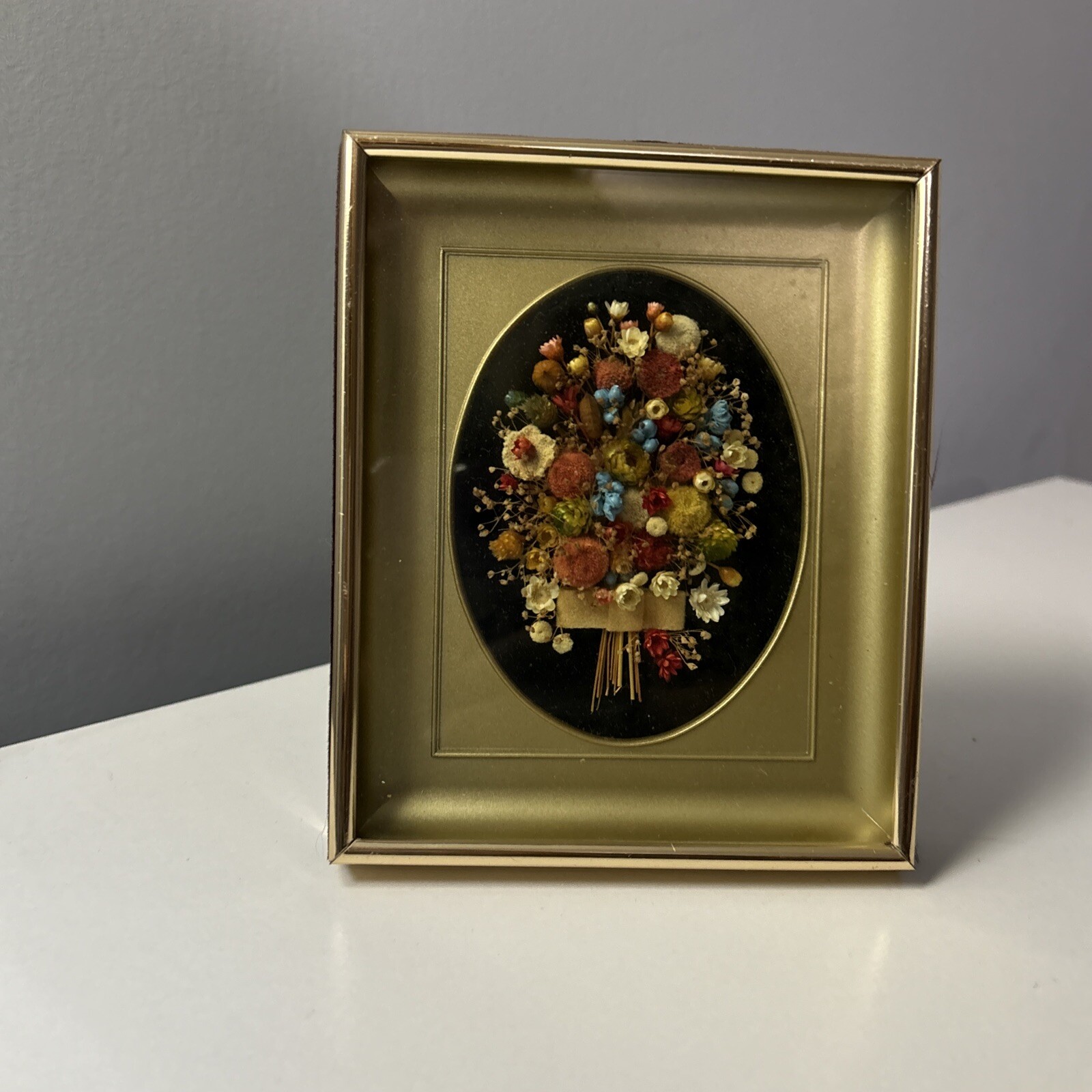 Vintage Pressed Dried Miniature Bouquet Art Velvet Gold Toned Frame MCM Cottage