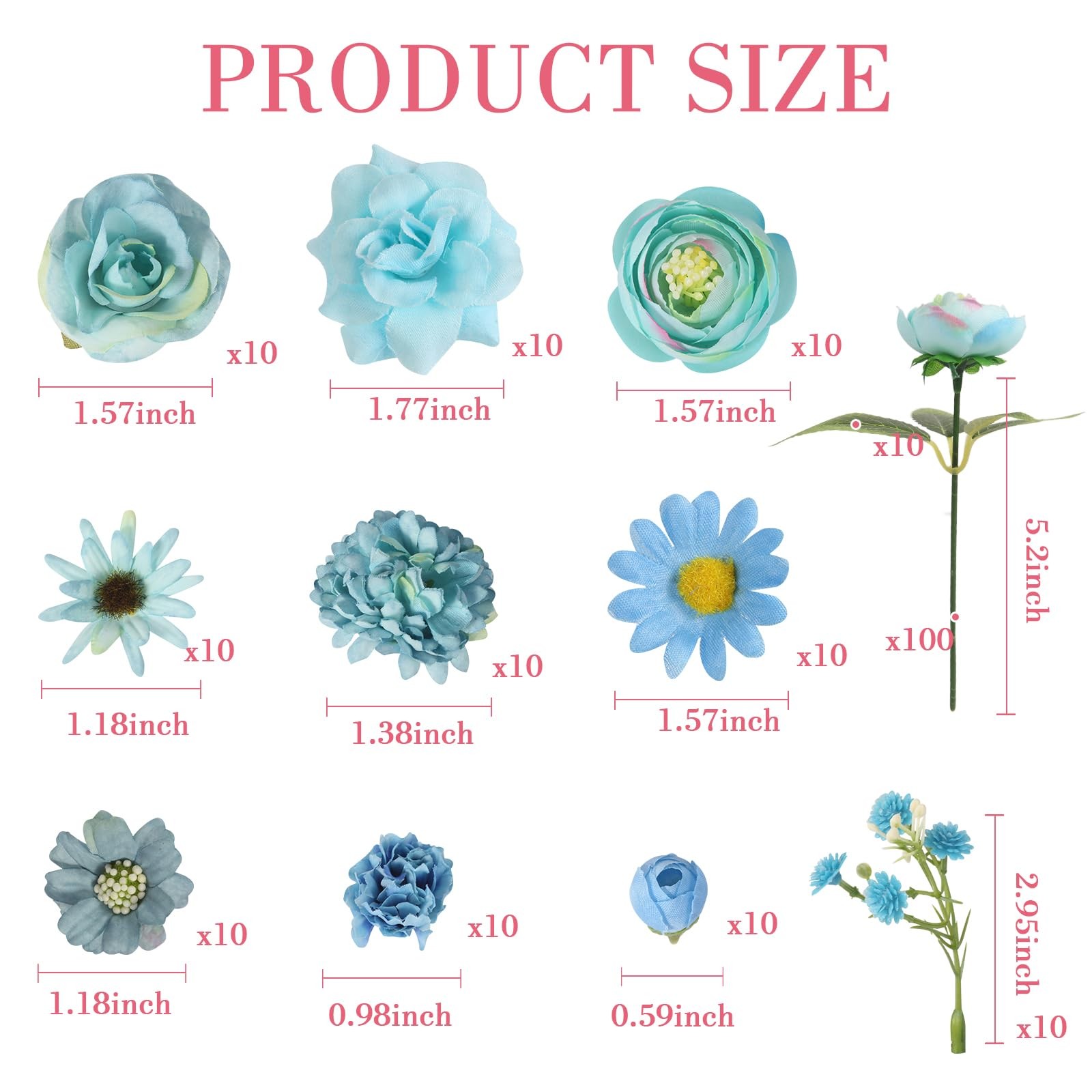 100 PCS Blue Mini Fake Artificial Flower Heads Silk Faux Blossom Hair Crafts