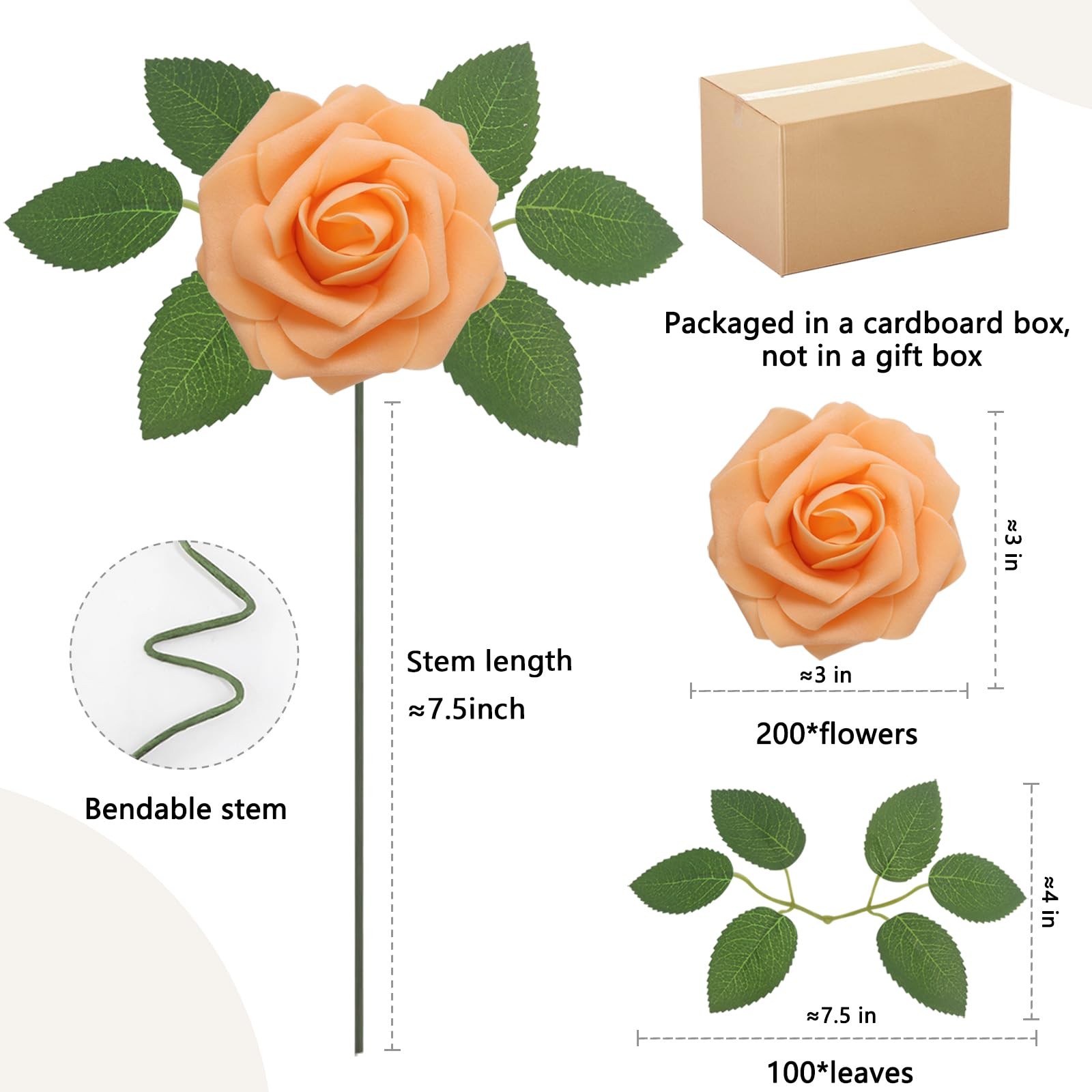 200PCS Orange Realistic Roses – Artificial Latex Foam Flowers with Bendable S…
