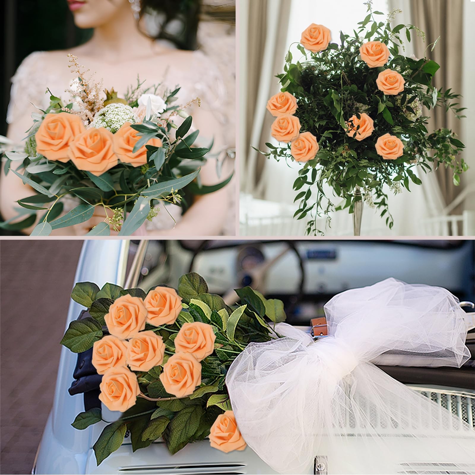 200PCS Orange Realistic Roses – Artificial Latex Foam Flowers with Bendable S…