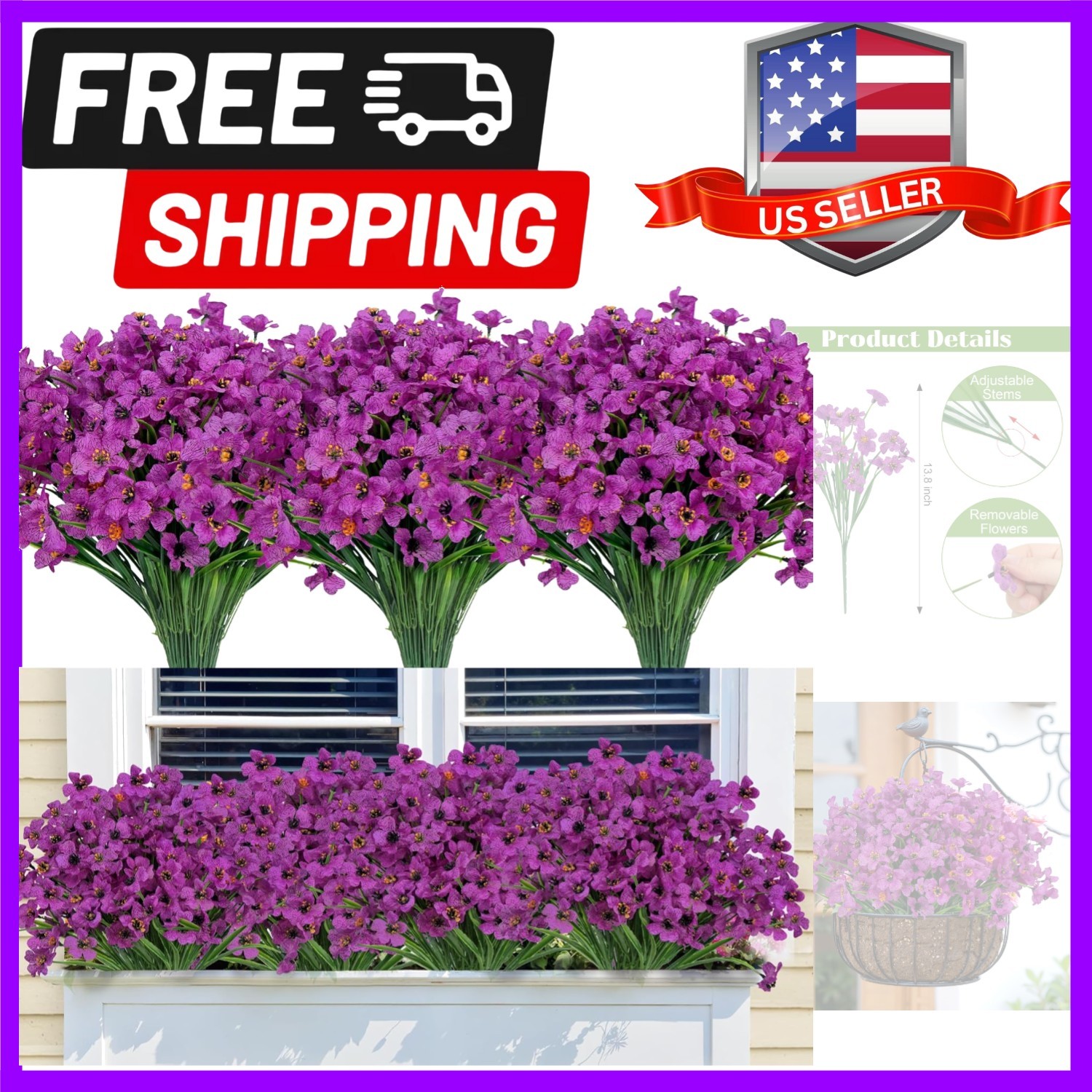 24 Bundles Artificial Flowers for Outdoors Decoration, UV Resistant Purple Si…