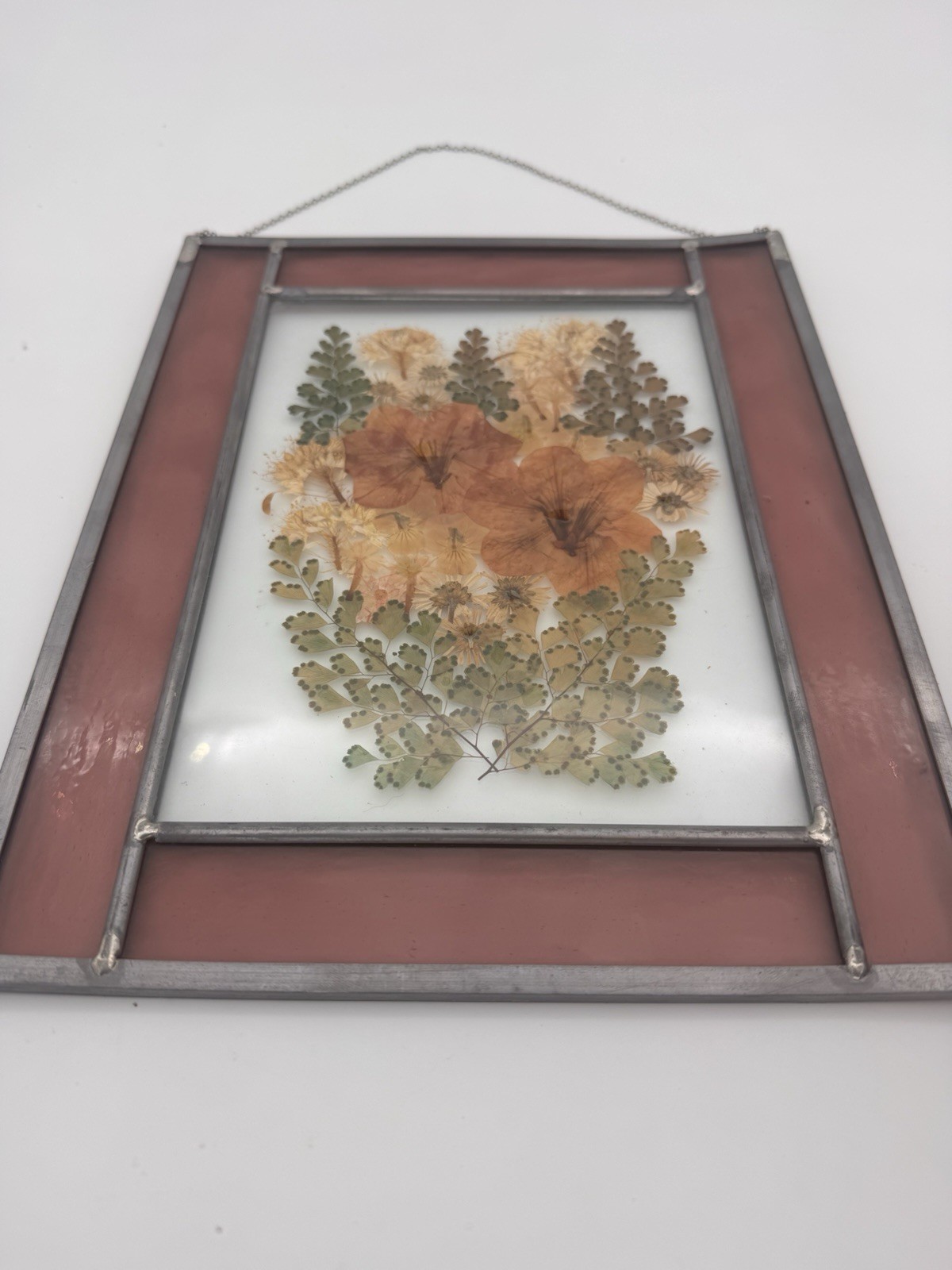 Pressed Dried Flowers Stained Glass Purple Pewter Frame Wall Window Hanging