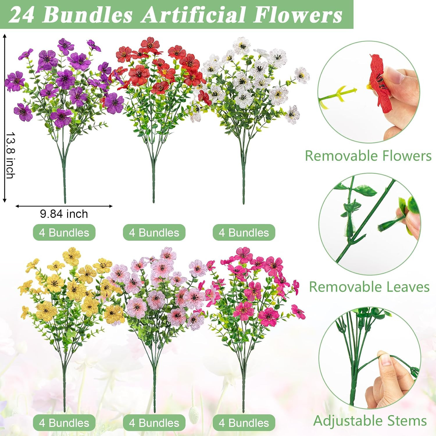 24 Bundles Artificial Flowers for Outdoors Fake Flowers, Mixed | UV Resistant, S