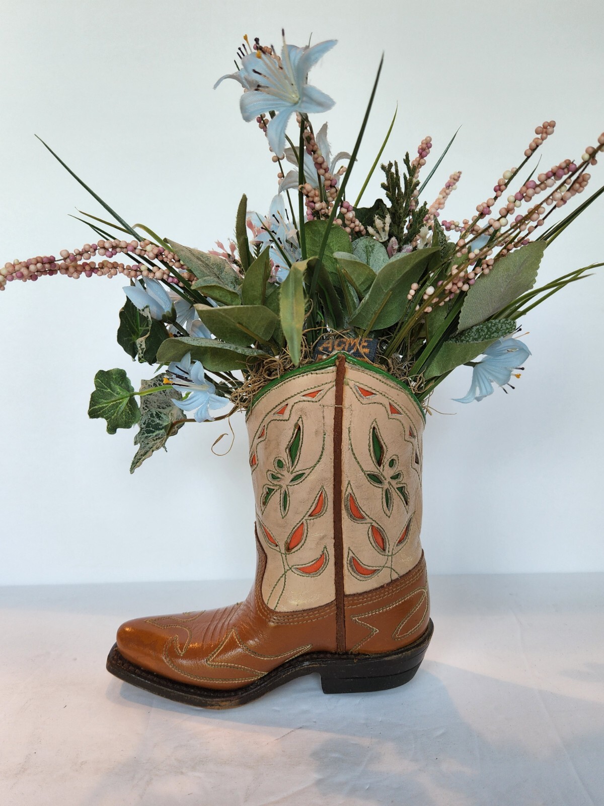 Acme Leather Western Cowboy Boot 4.5D Blue Floral Decor Arrangement Farmhouse