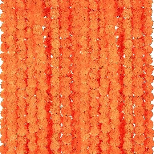 15 Pack Marigold Garland for Decoration 5 ft Long Strands Faux Orange Red