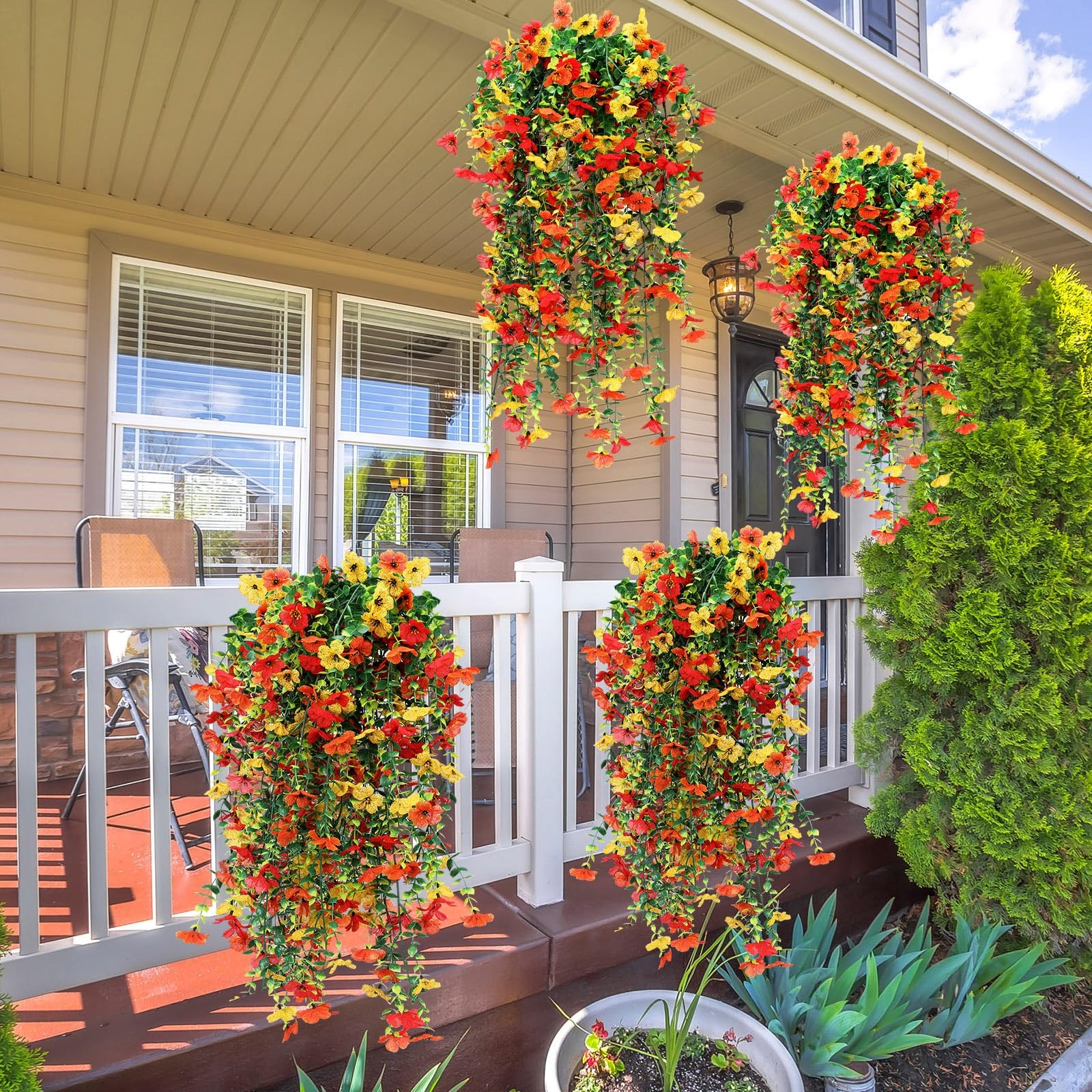 6 Pcs Fall Artificial Hanging Flowers Outdoor Faux Silk Mum Plant Decor Viole…