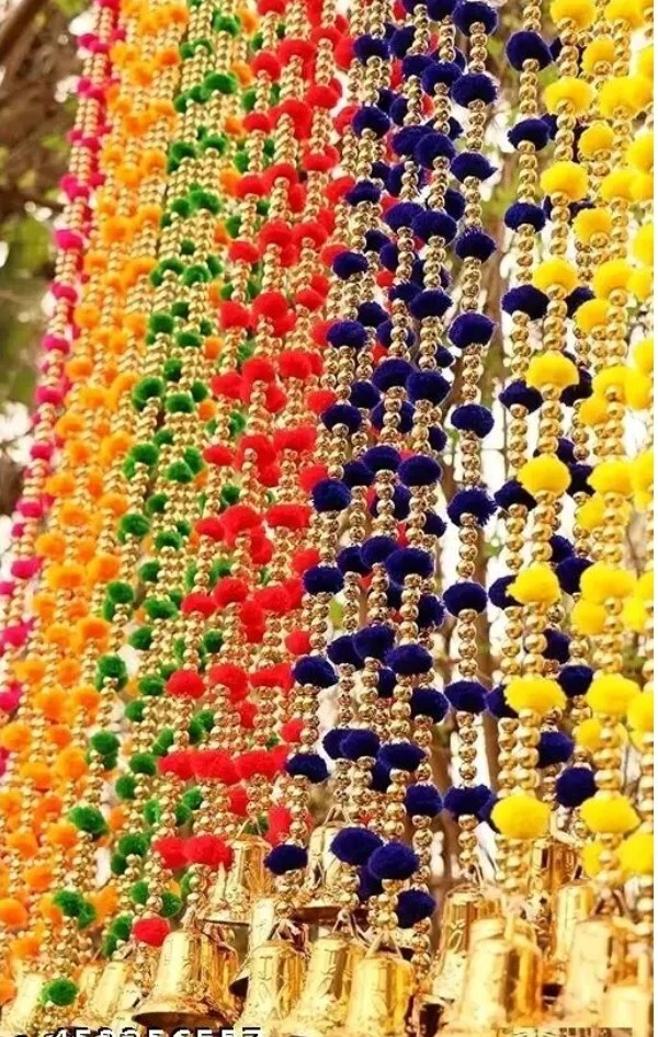 10 Pieces multiple strings adorned with colorful pompoms and small golden bells