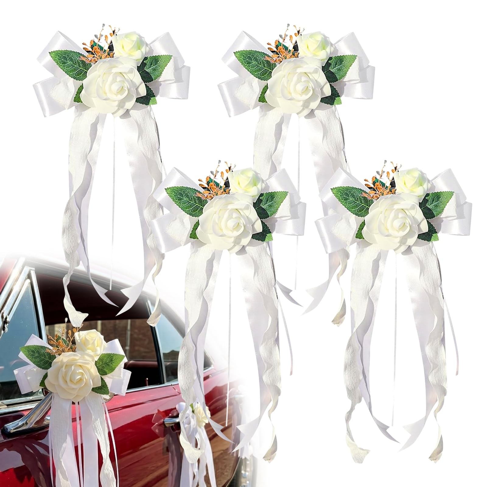4PCS Wedding Car Door Handle Decorative Flowers, White Artificial Cars Bouquet F