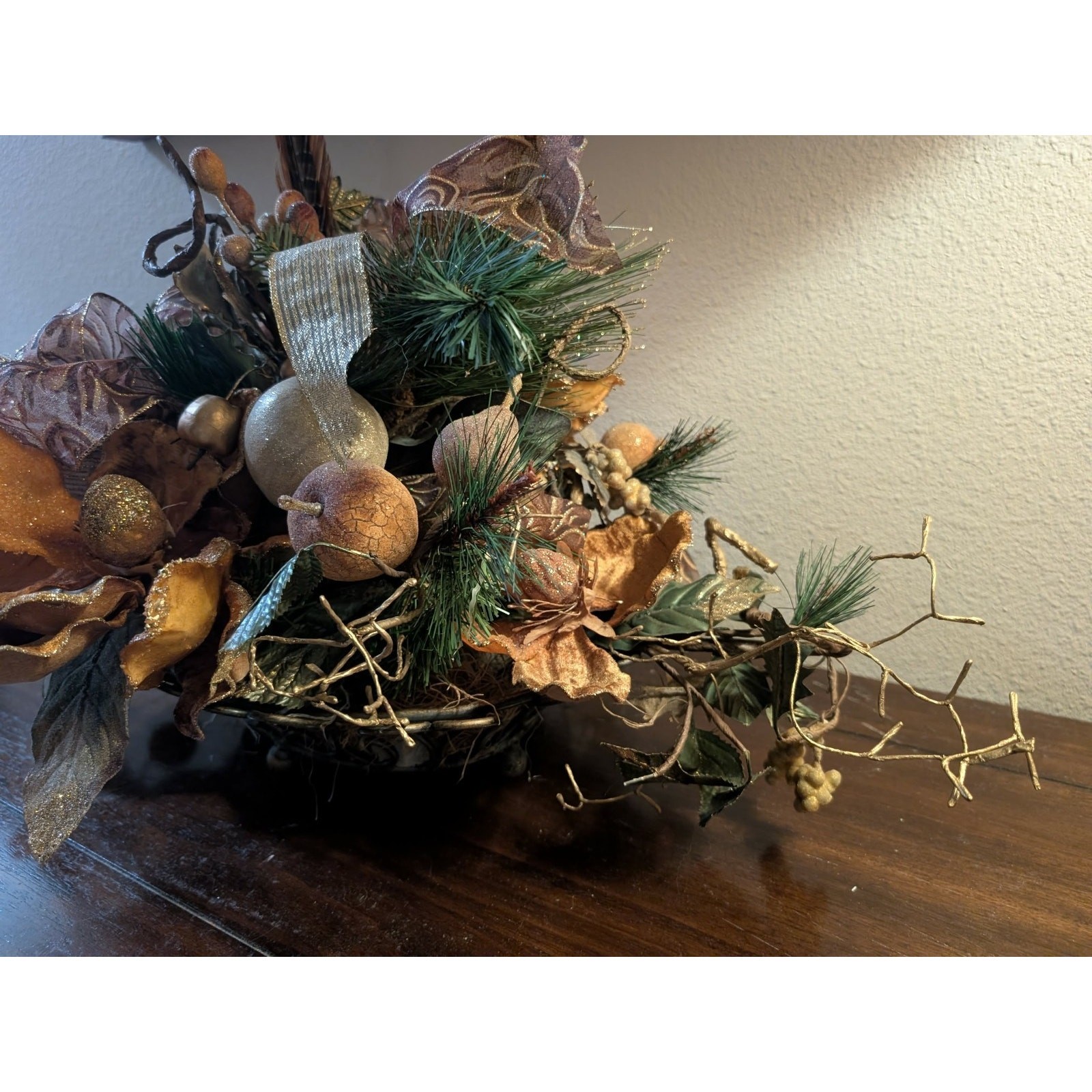 Rust Tan Gold Floral Autumn Fall Thanksgiving Centerpiece Pheasant Feathers