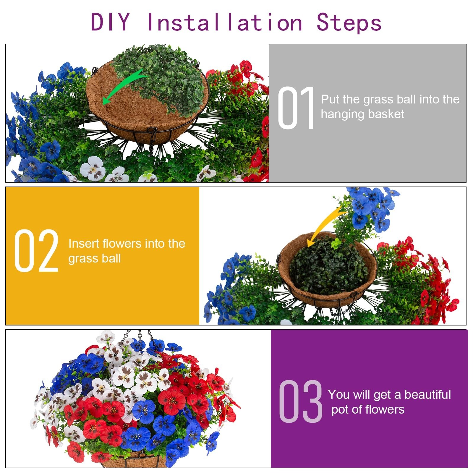 2 Sets Faux Hanging Pansy Flowers with Baskets – 24 Pcs Patriotic Silk Decor for