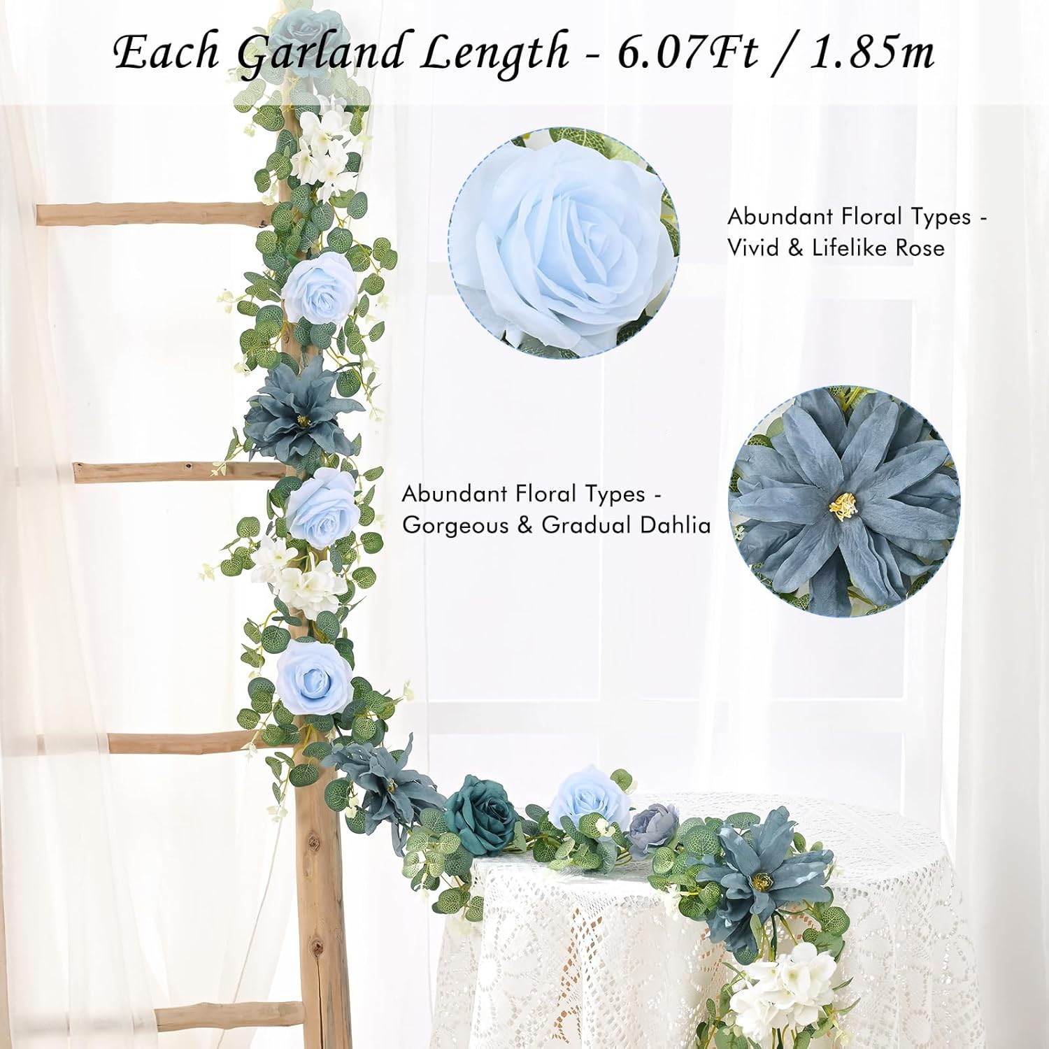 6.07Ft Artificial Eucalyptus Garland with Flowers – Wedding Table Decorations, F