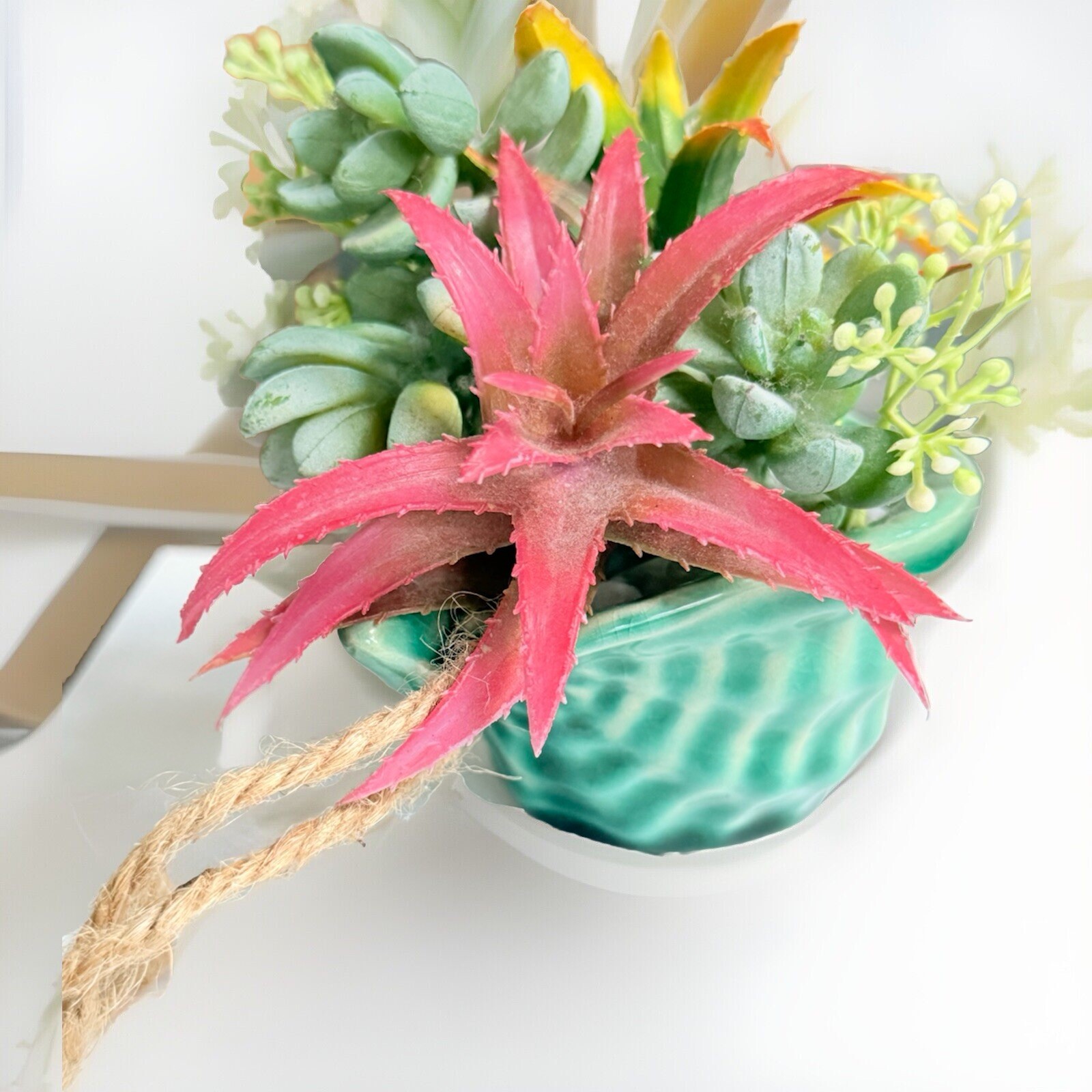 Fake Assorted Plants Faux Succulents in VTG Seashell Hanging Pot Realistic Plant
