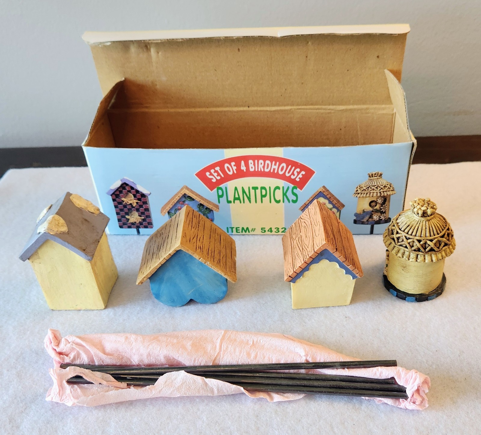 Set Of 4 Small Hand Painted Birdhouses Plant Picks Indoor Country Cottage Decor