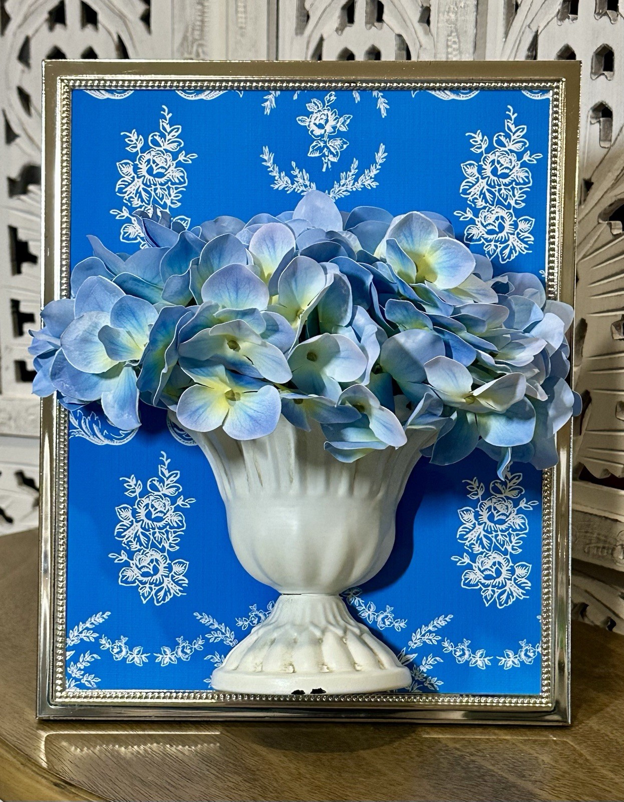 3D Artistry Handmade Blue Hydrangeas in Distressed Metal Urn Framed Florals