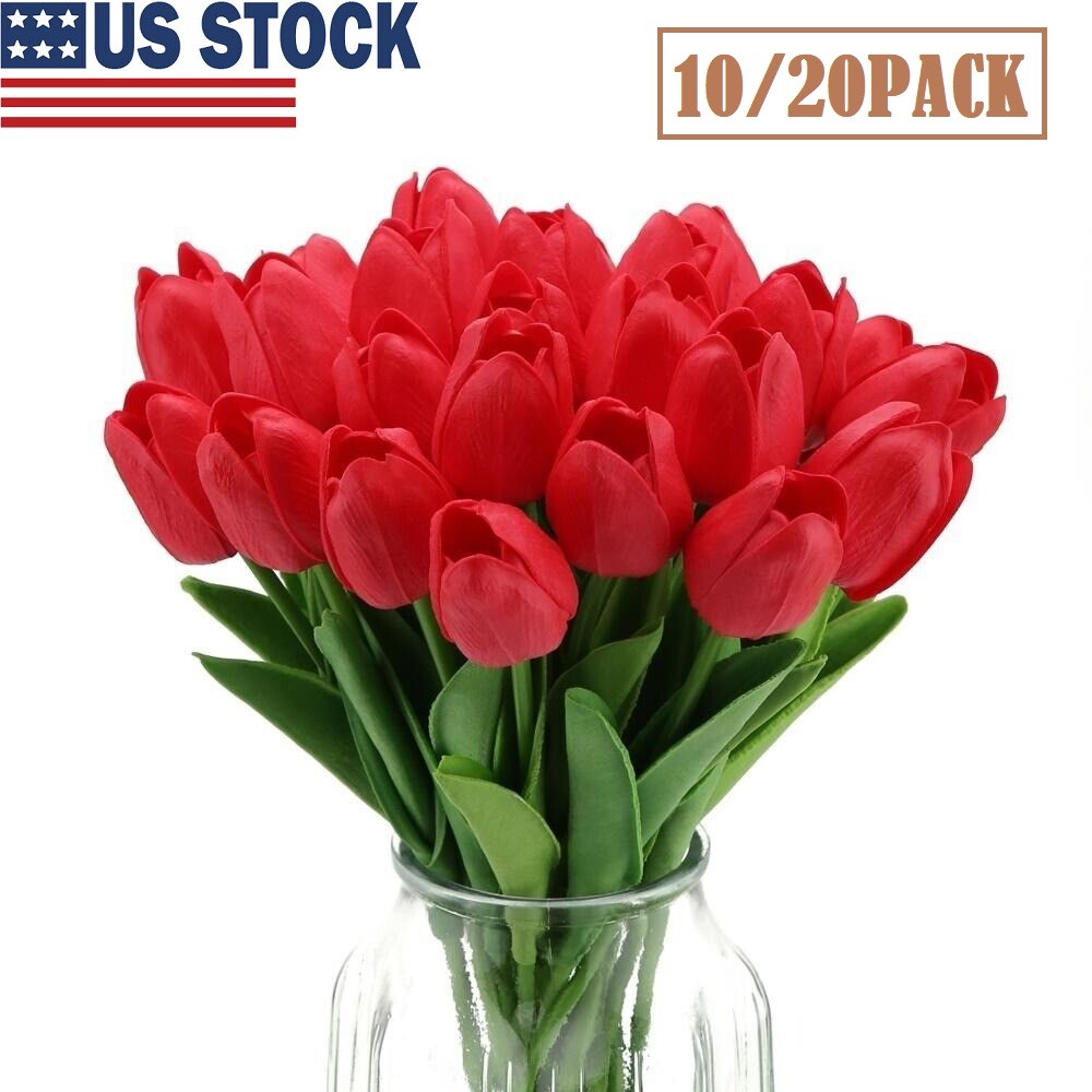 10/20x Faux Tulips Red Fake Tulips Realistic Artificial Flowers for Home Decor