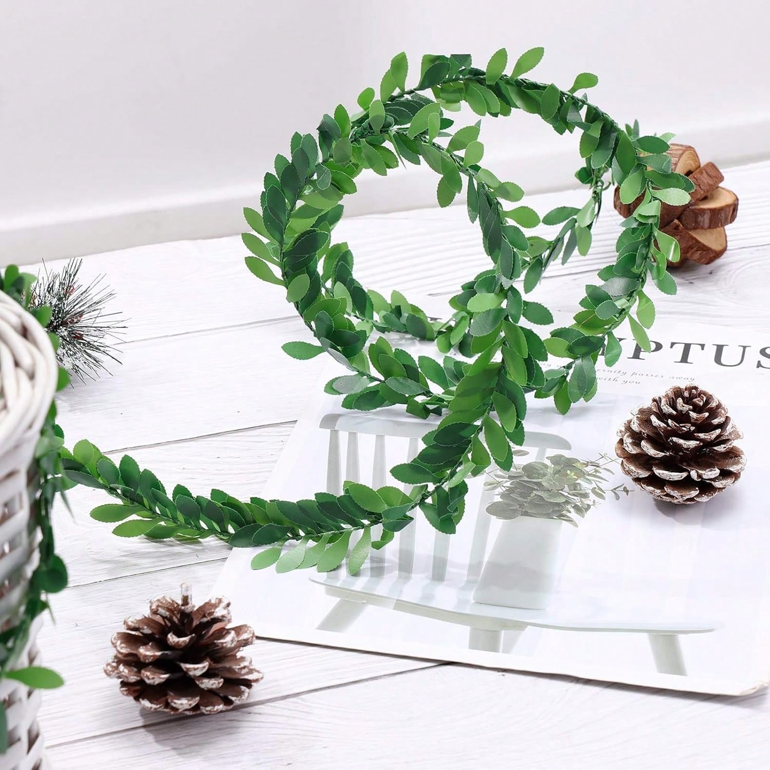 NEW 3 Pcs 24.6Ft Iron Wire Leaf Garland, Green Willow Rattan for Wedding Mantel