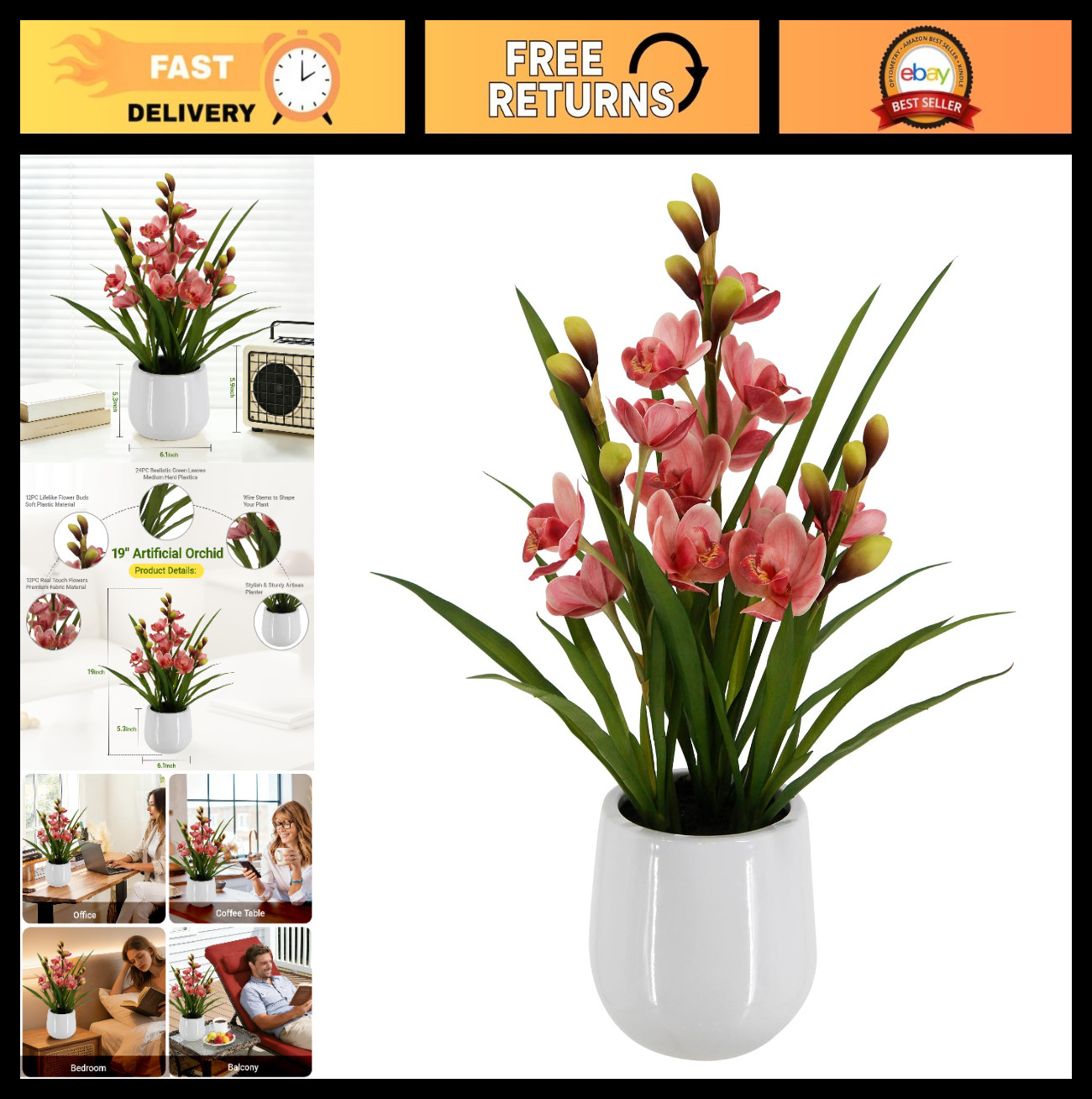 19″ Tall Artificial Orchid Flowers – Faux Cymbidium Plant in Pot for Home Decor,