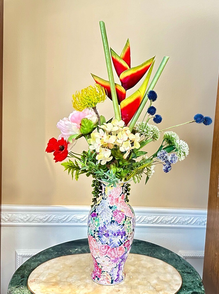 Floral Arrangement Centerpiece Multi-Colored Silk Flowers In Enamel Floral Vase