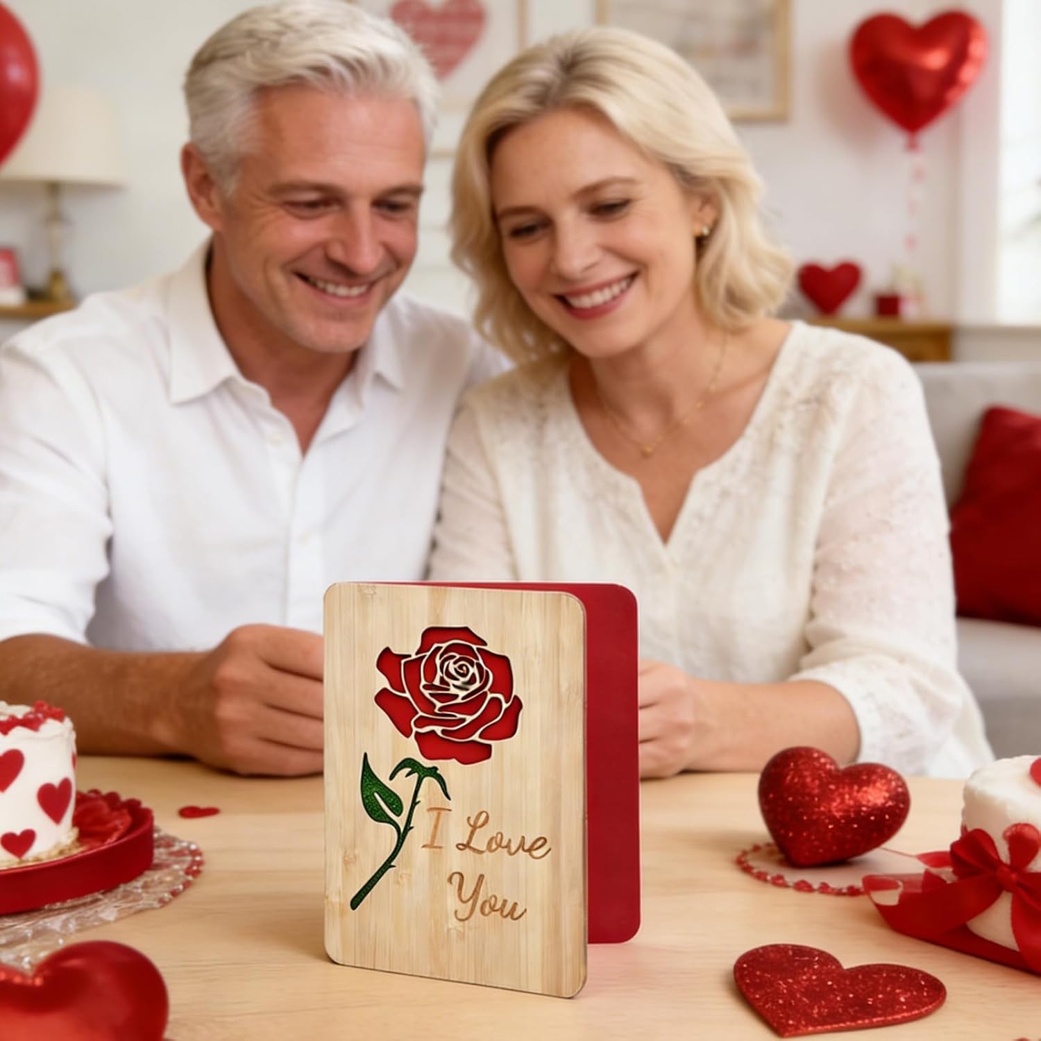 Wooden Valentine Card with Envelope for Her,Him,Romantic “I Love You” Rose C