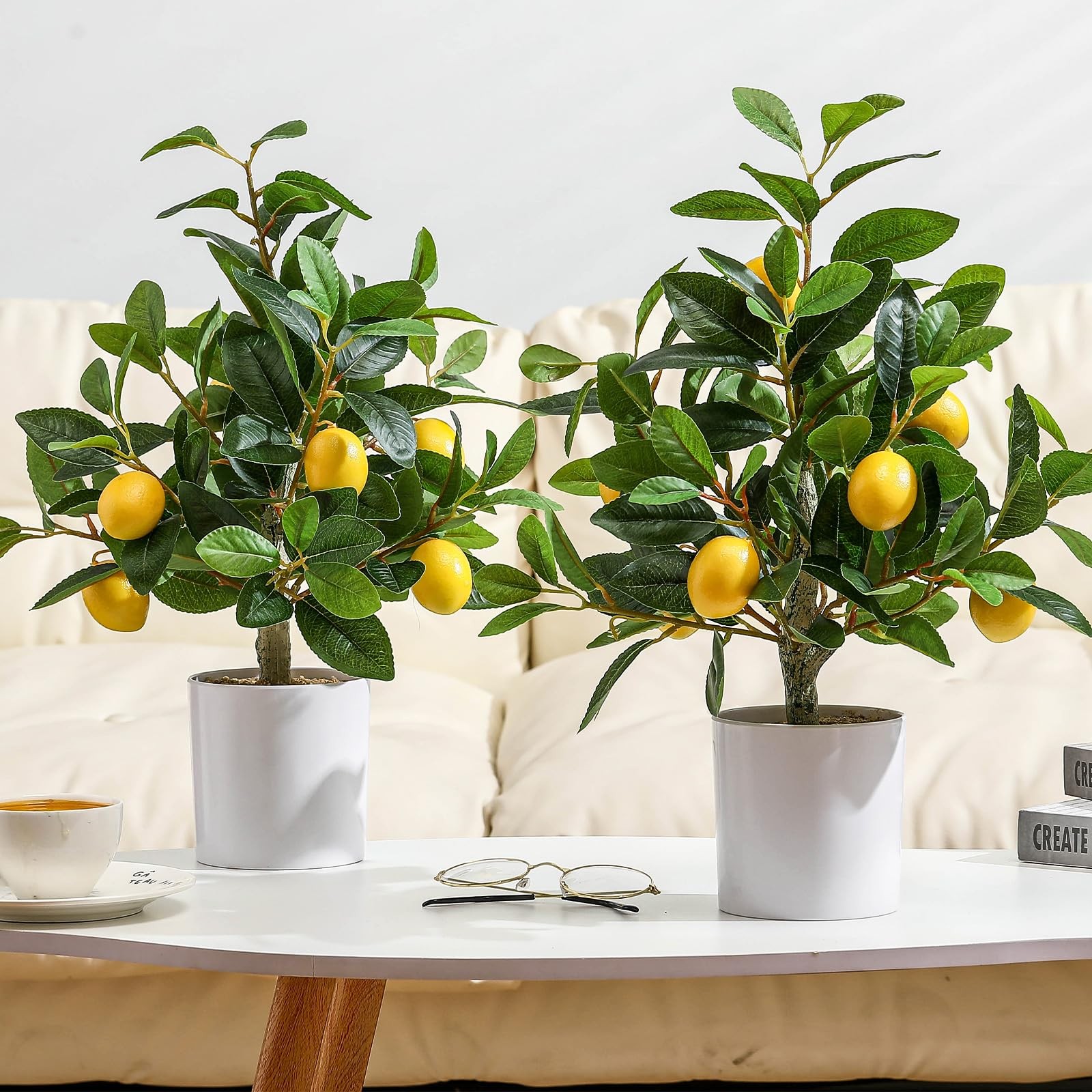 2 PCS 15.7 Inch Artificial Lemon Tree Potted Faux Citrus Plant White Pot