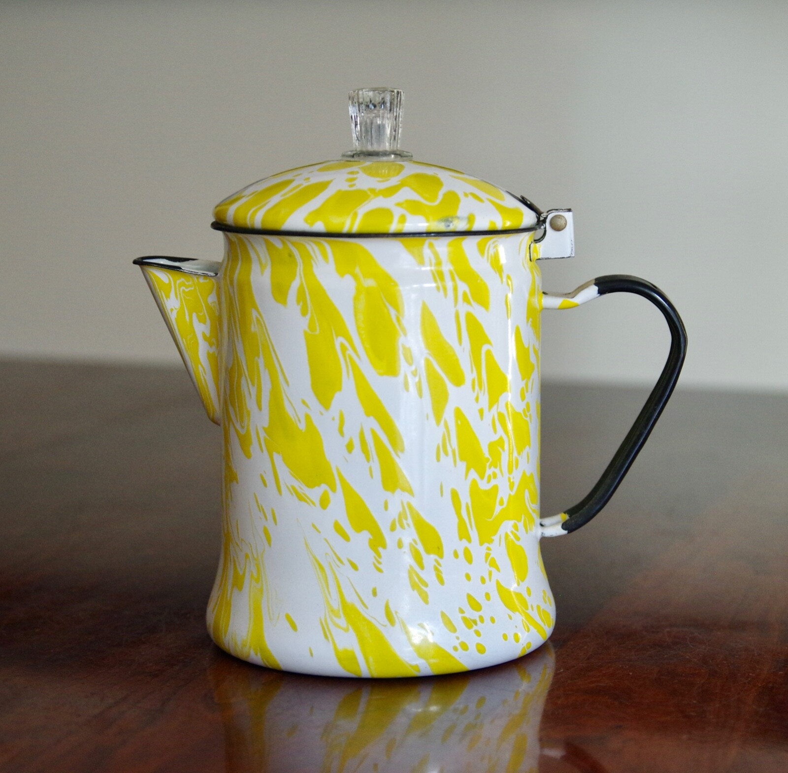 Vintage Enamel Yellow & White Coffee Pot Silk Yellow Daisies & Blue Delphinium