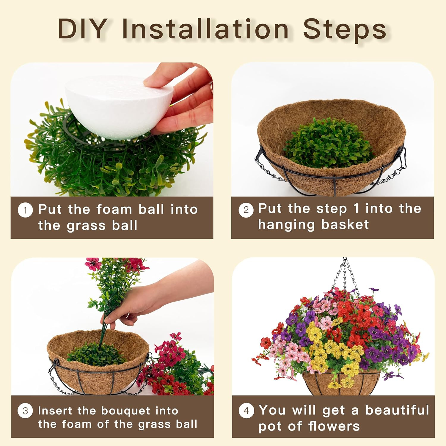 2 Set Artificial Hanging Flowers with Basket for Outdoor Decor, UV Resistant 24
