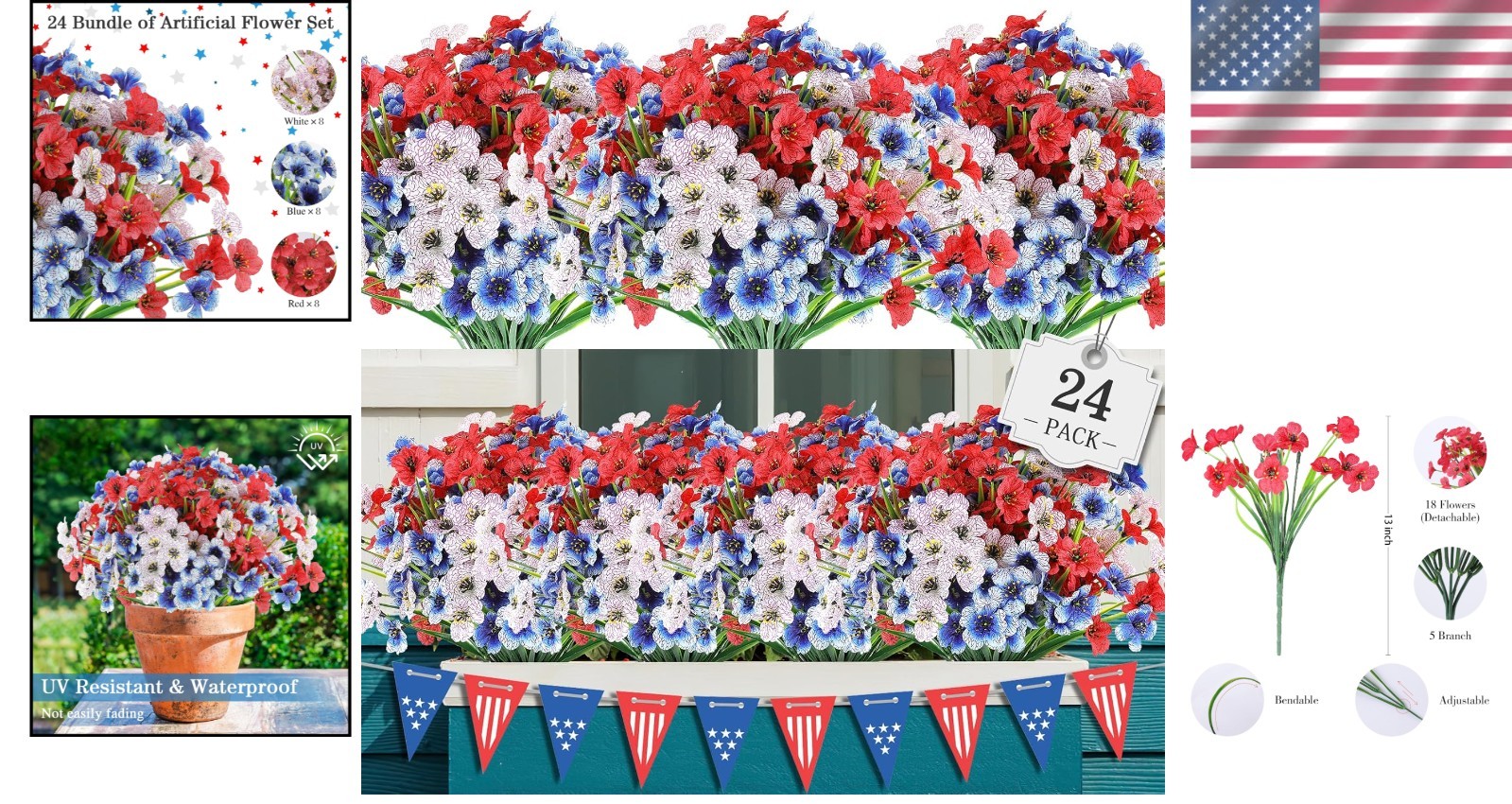 Vibrant Red, White & Blue Faux Plants – Perfect for 4th of July Decor