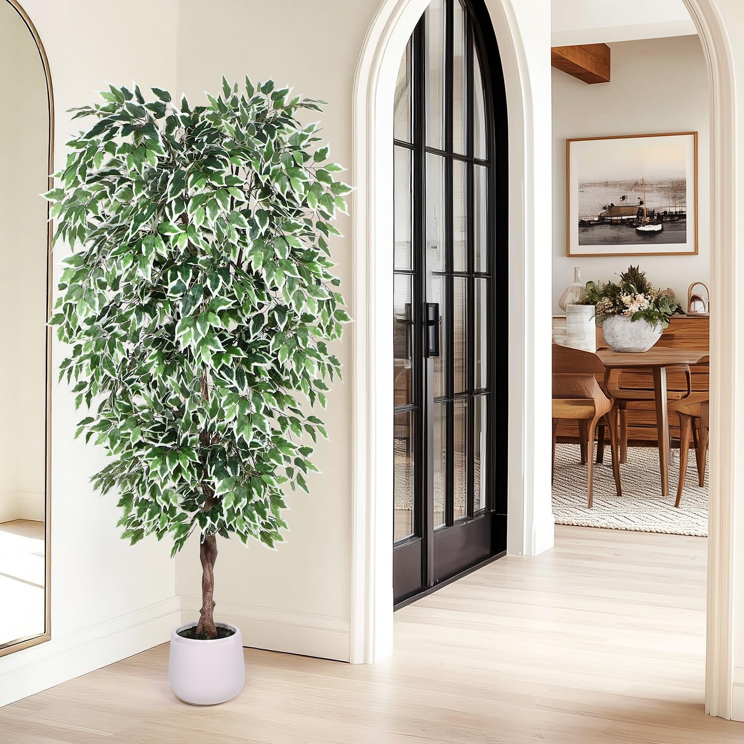 Jocoevol 7FT Artificial Ficus Tree with White Planter, Dried Moss, Natural Silk