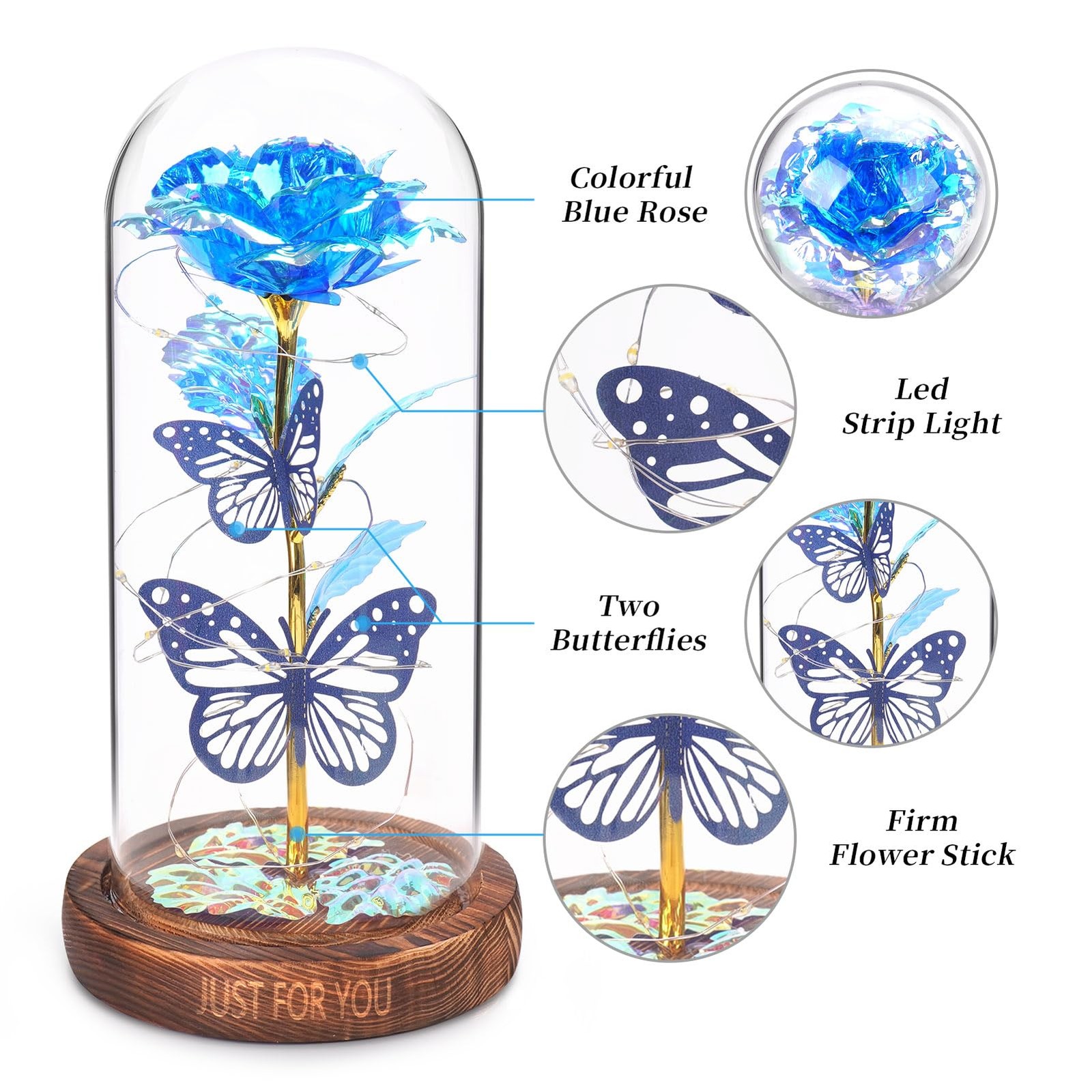 WOKEISE Light Up Rose Butterfly in Glass Dome, Mothers Small, Dome-blue
