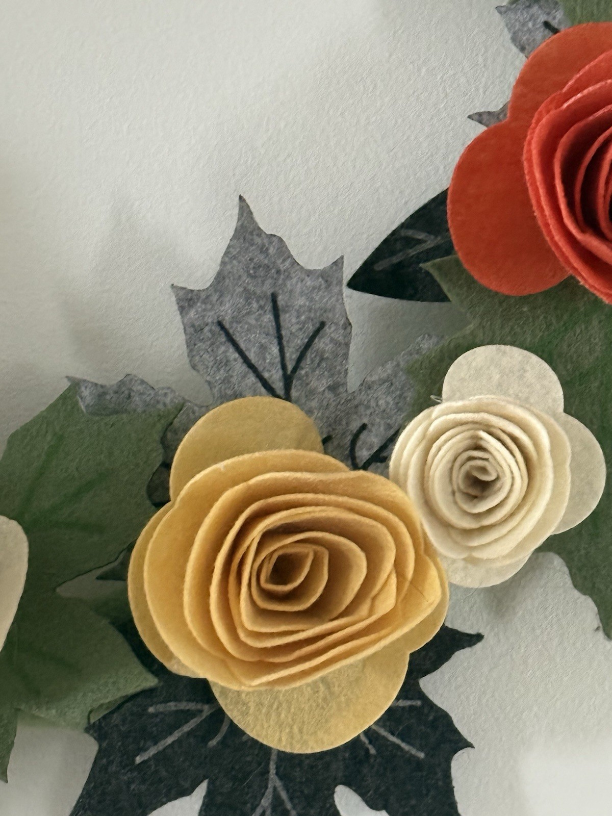 Handmade Felt Roses & Leaves Wreath Approx 18” Round Orange Yellow Peach Greens