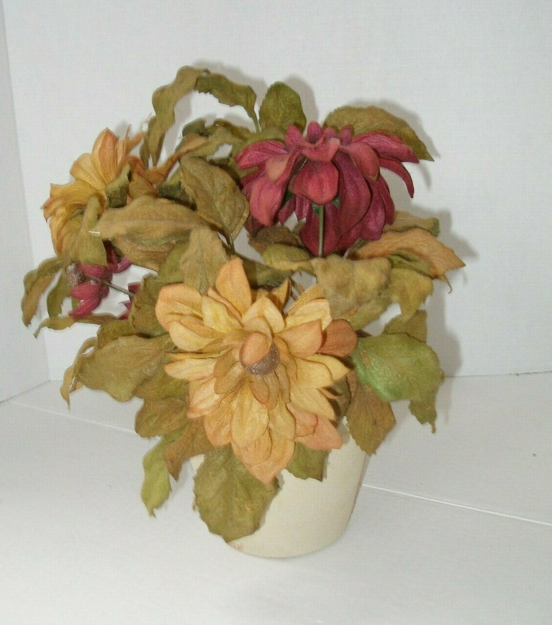 Pailr of Planters with Silk Flower Arrangements Fall Colors Burgundy Mustard New
