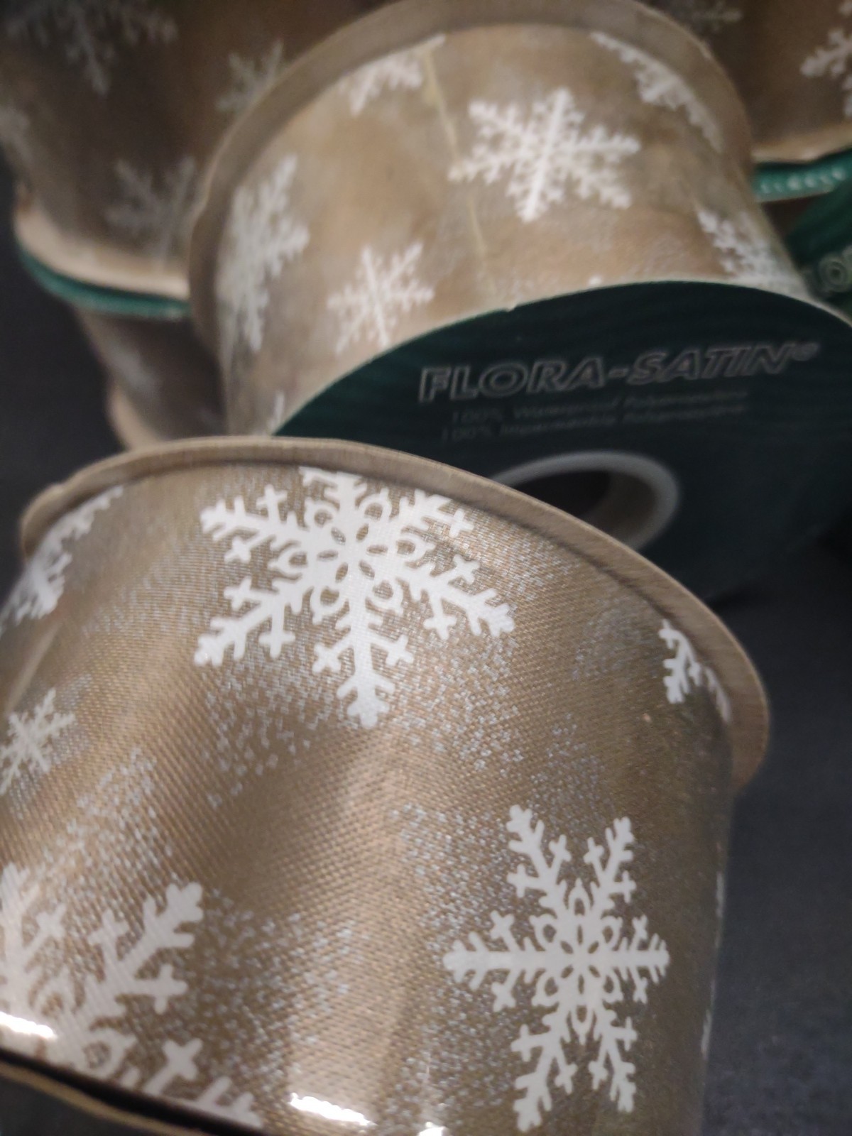 50Yd Flora-Satin Old Gold Ice Crystal Ribbon, Waterproof 2-3/8″ Snow Flake Frost