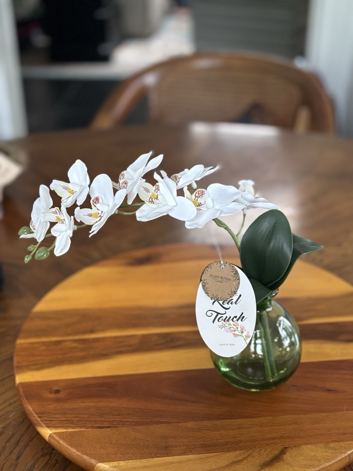 Flora Bunda Real Touch Artificial White Orchid Arrangement Green Glass Vase