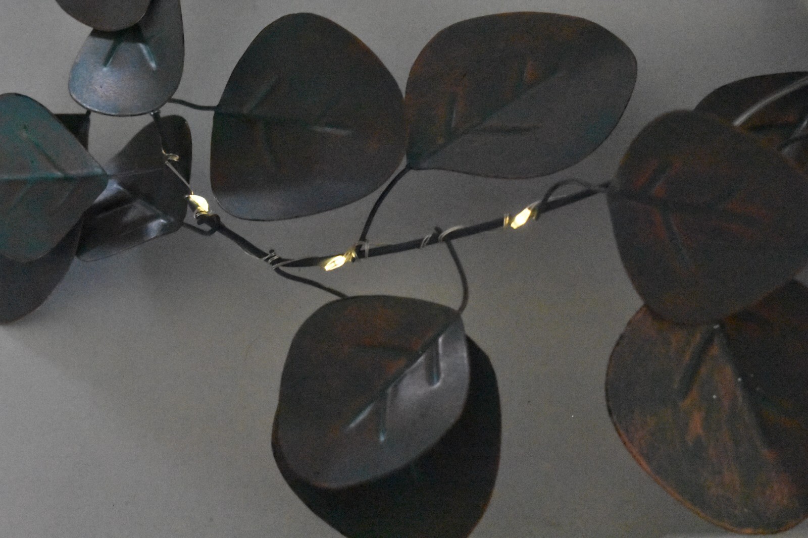 Metal Silver Dollar Eucalyptus Leaves Lit Garland Faux Green Copper Finish 72″