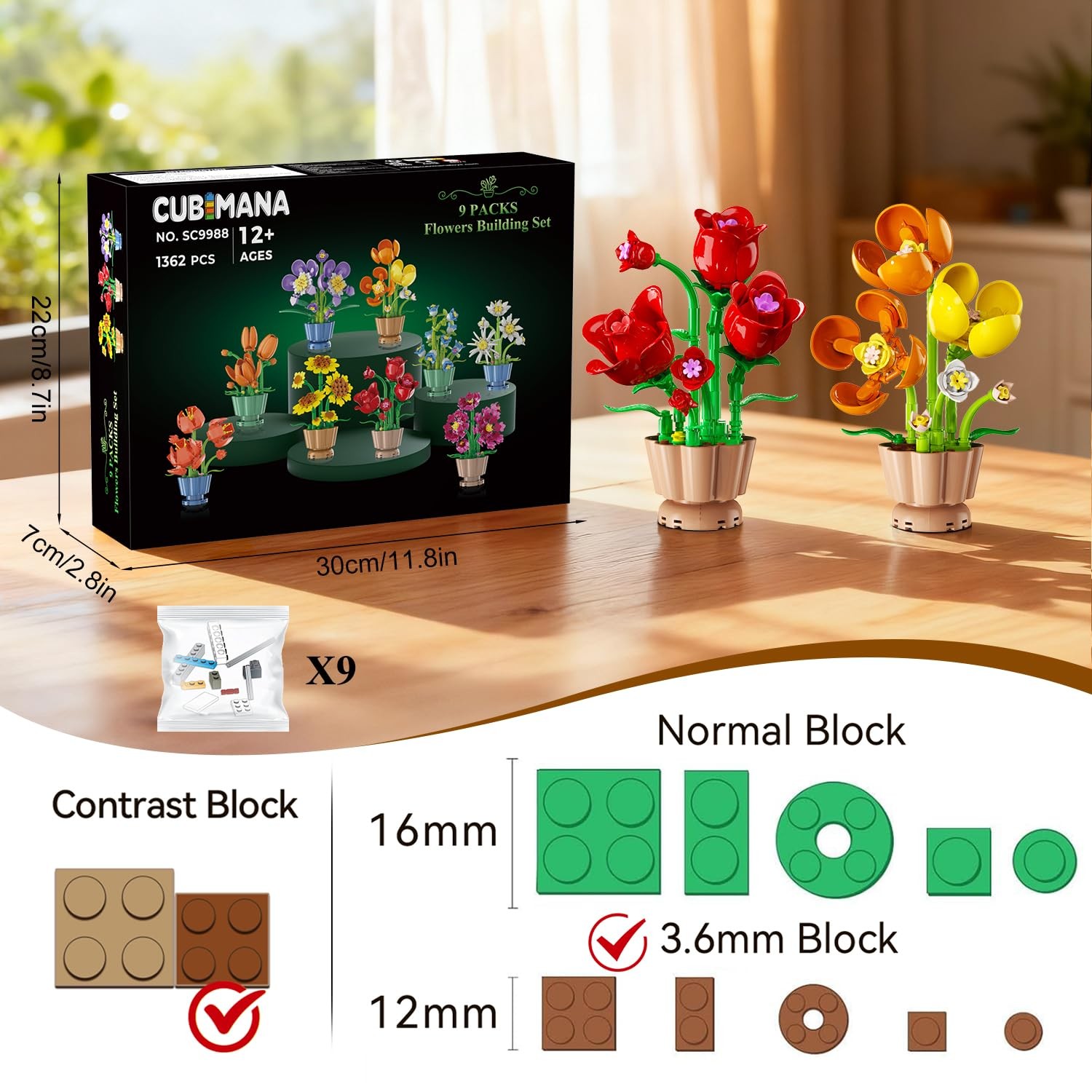9 Pack Flowers Botanicals Collection 3.6MM Mini Building Set-1362PCS Flower Plan