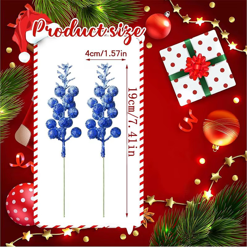 19Cm Christmas Blue Glitter Berry Stems Artificial Foam Berry Snow Covered Berry