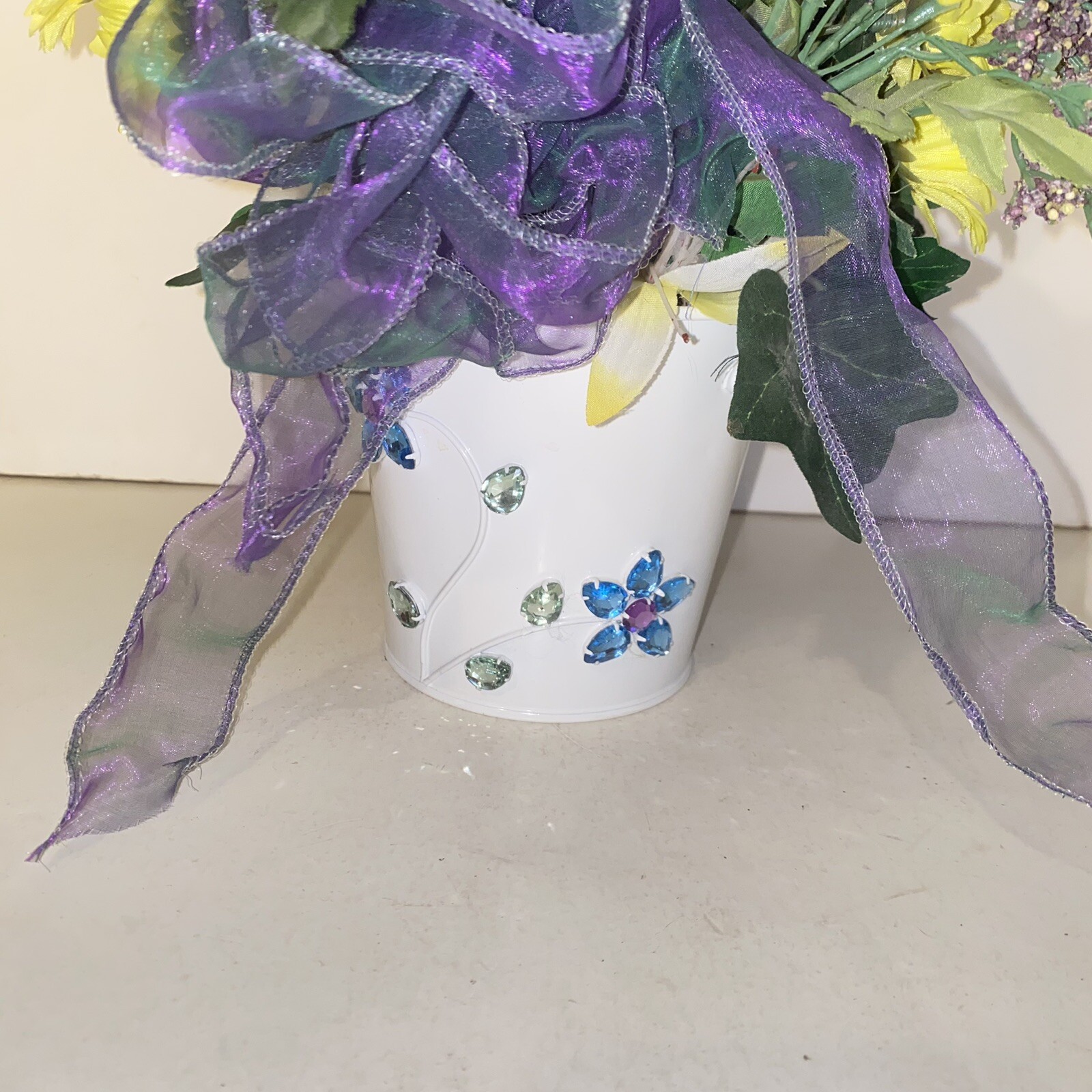 Blue Yellow & Purple Flower Arrangement in Rhinestone Jeweled Tin Planter